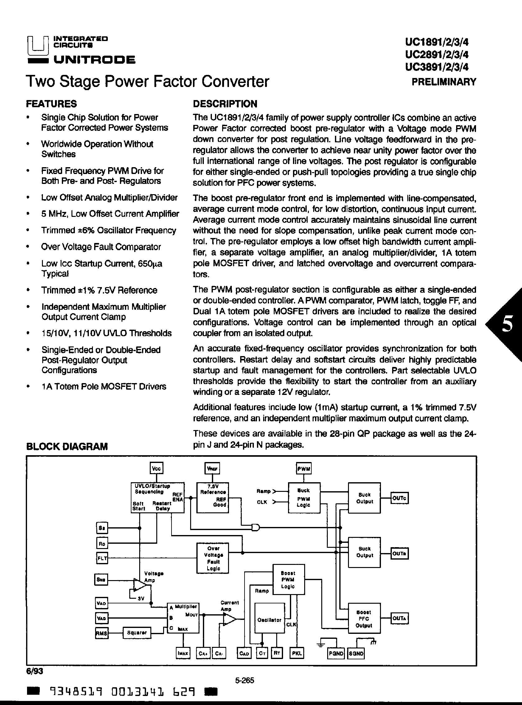 Datasheet UC3892 - (UC3891 / UC3893 / UC3894) Two Stage Power Factor Converter page 1