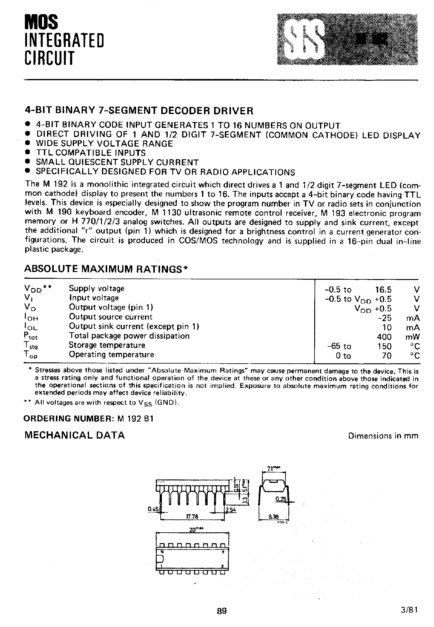 Даташит на микросхему M192 страница 1 Даташит M192 - 4 Bit Binary 7 Segment Decoder Driver страница 1