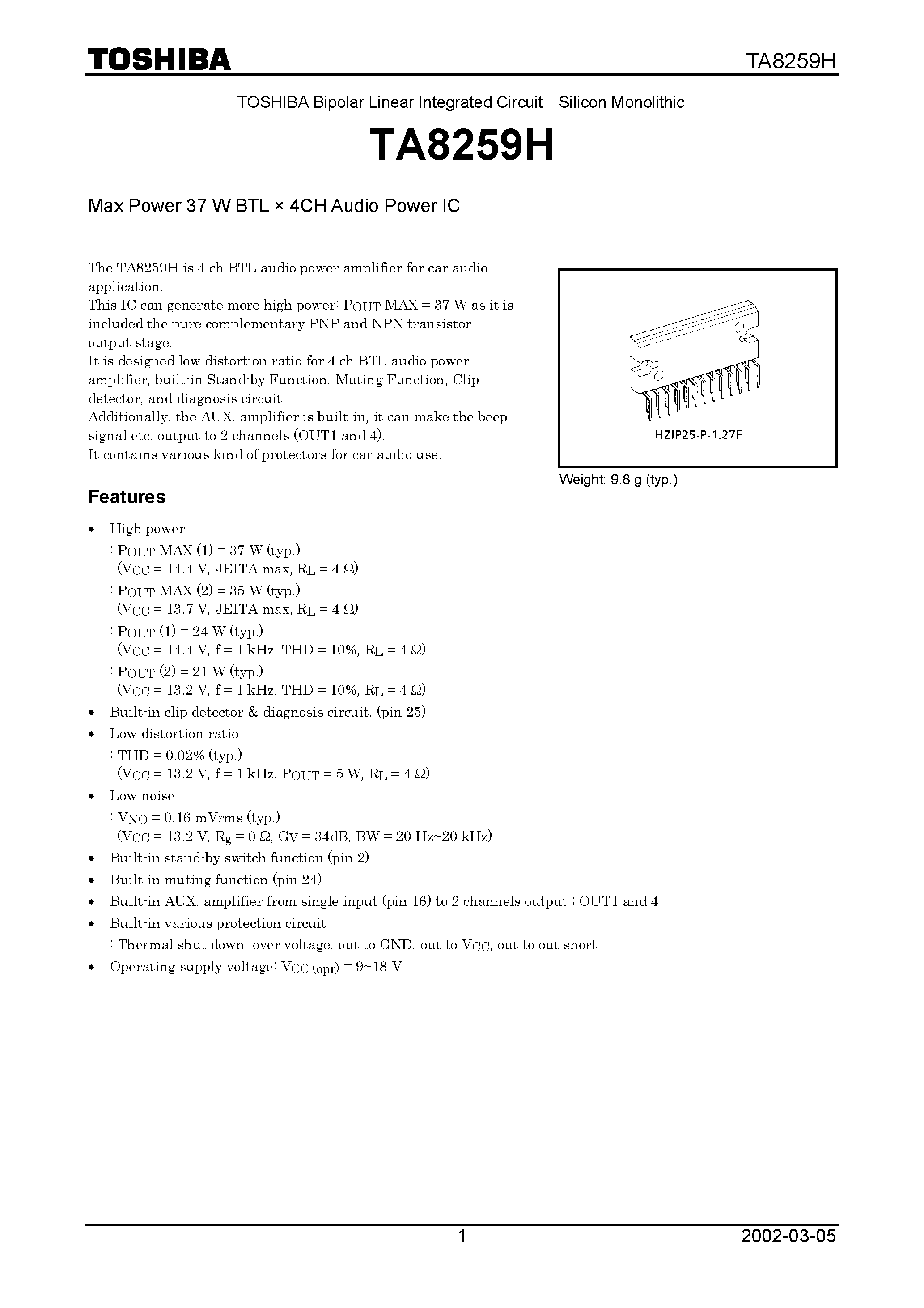 Даташит TA8259H - MAX POWER 37 W BTL x 4CH AUDIO POWER IC страница 1