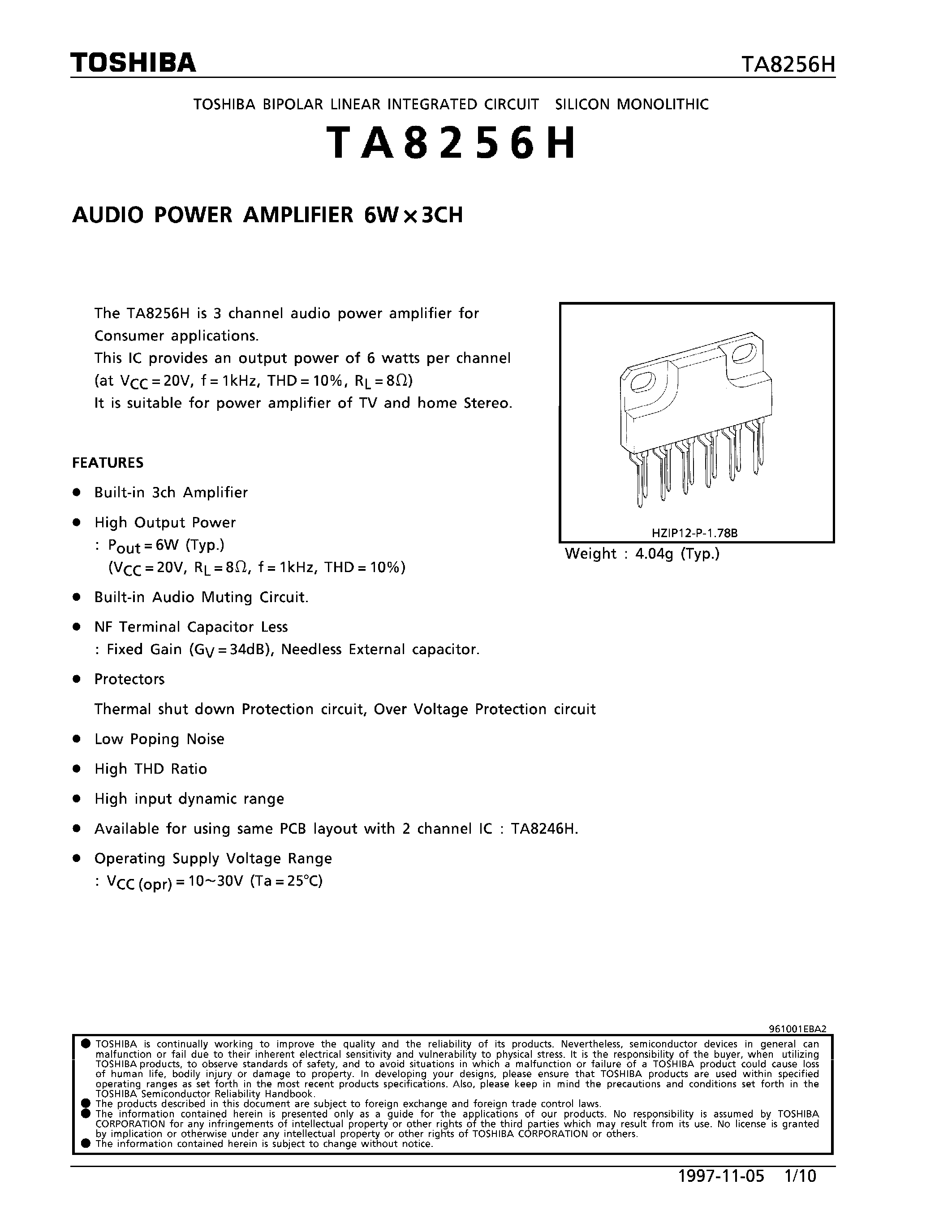 Даташит TA8256H - AUDIO POWER AMPLIFIER 6W x 3CH страница 1