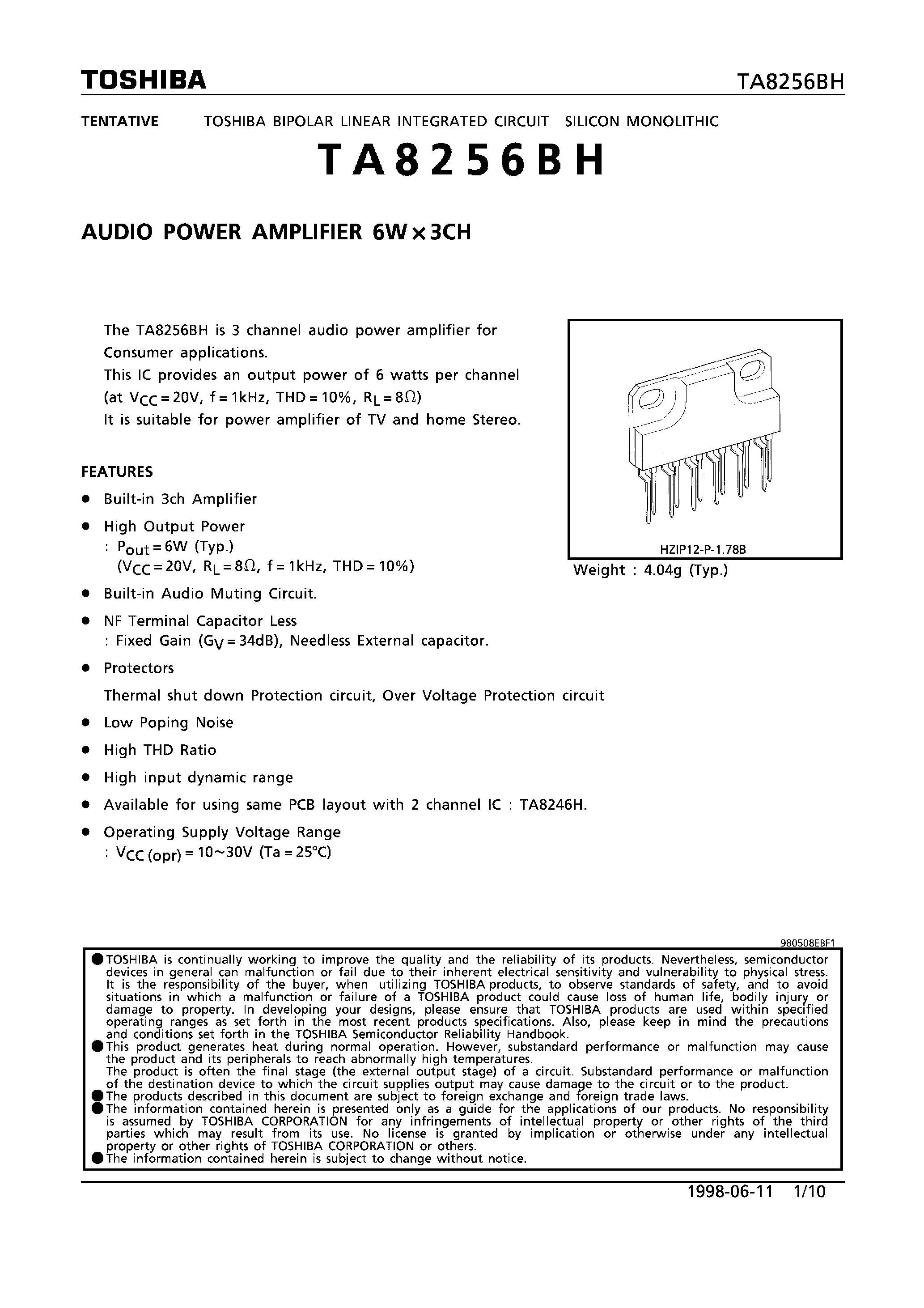 Даташит TA8256BH - AUDIO POWER AMPLIFIER 6W x 3CH страница 1