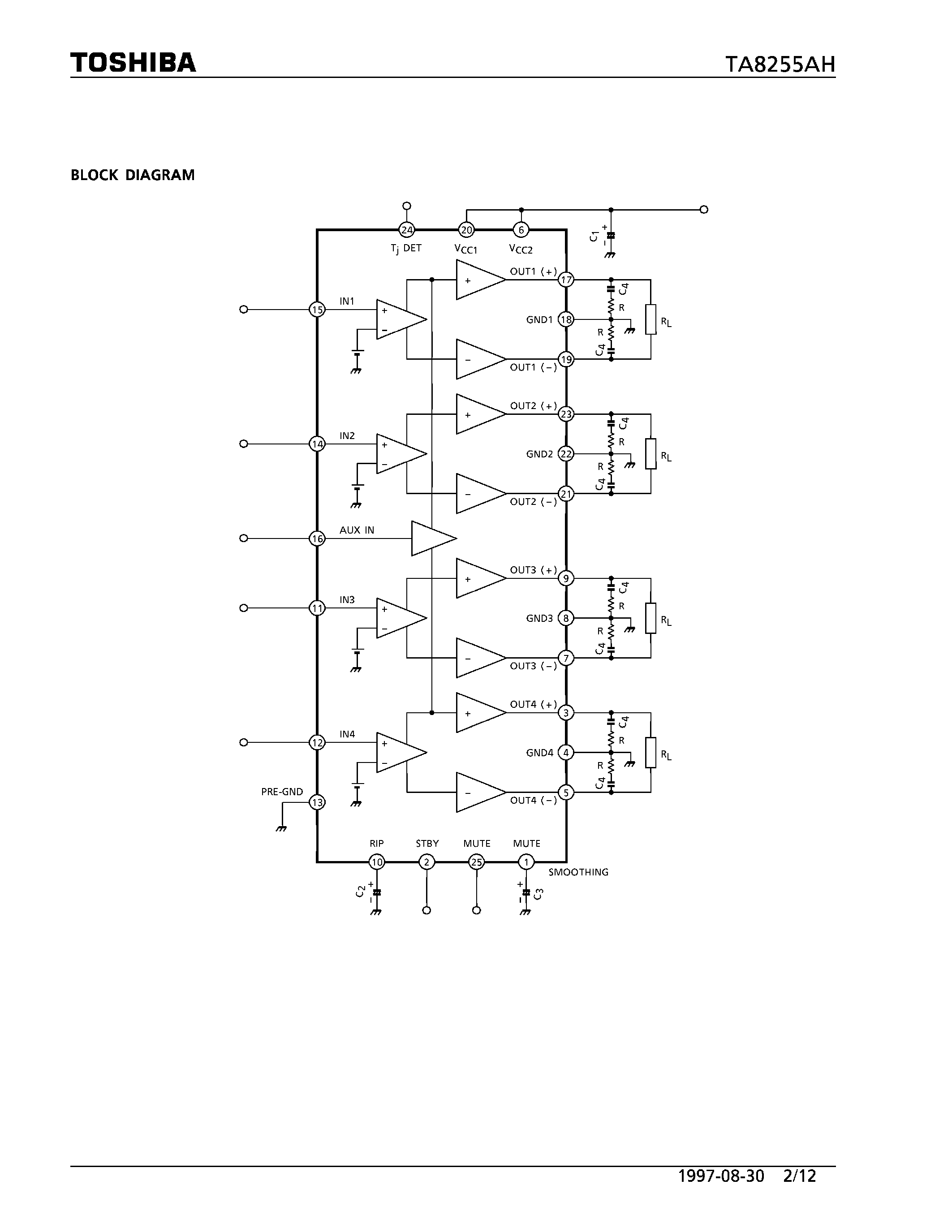 Даташит TA8255AH - MAX POWER 22W BTL x 4CH AUDIO POWER IC страница 2