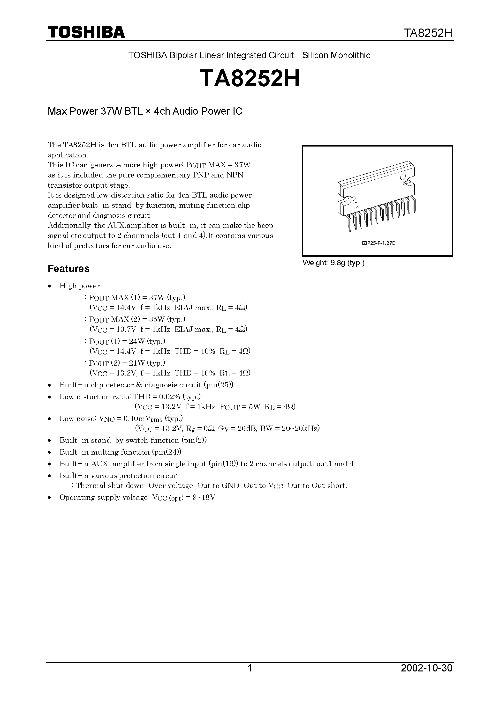 Даташит TA8252H - Max Power 37W BTL x 4ch Audio Power IC страница 1