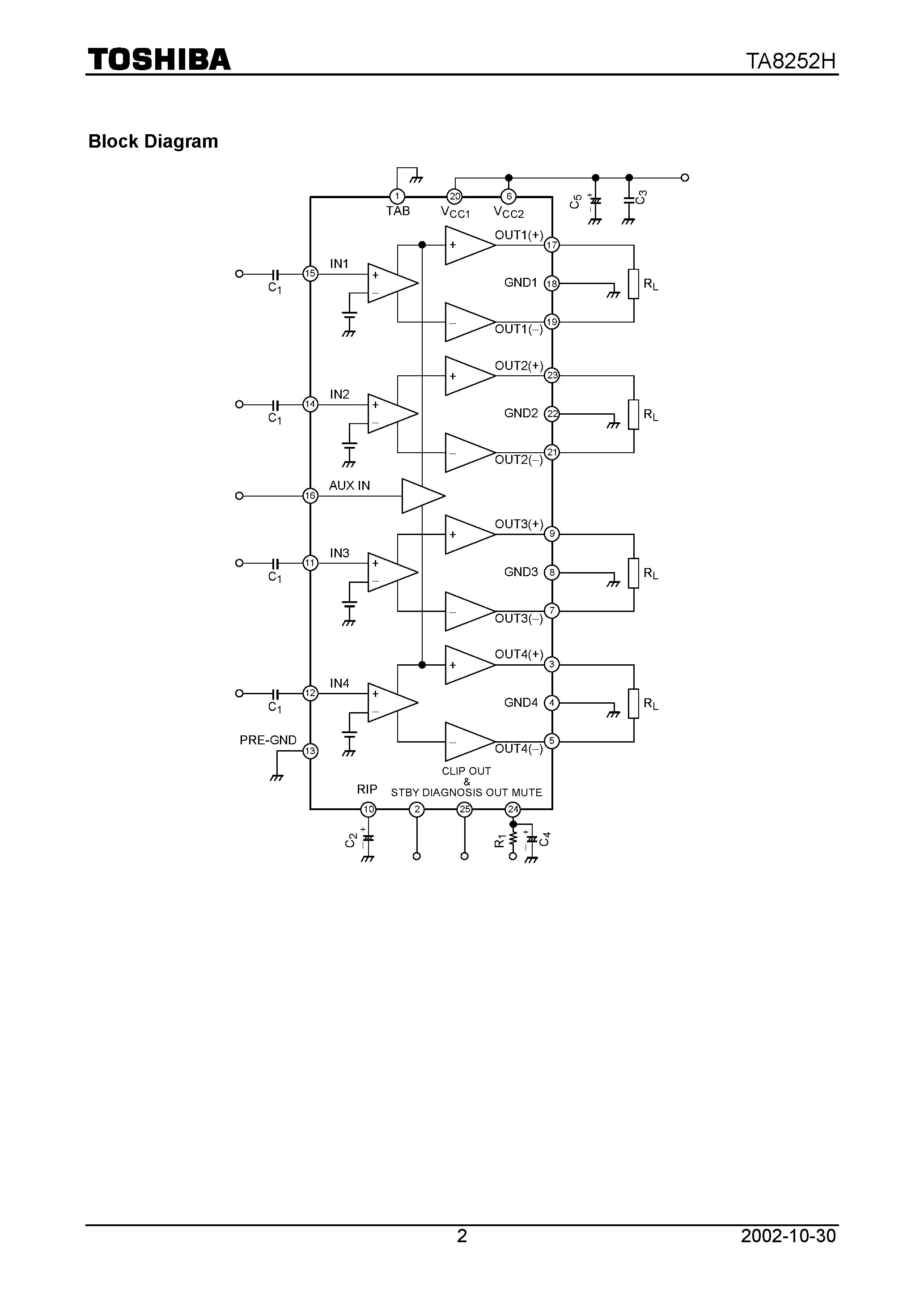 Даташит TA8252H - Max Power 37W BTL x 4ch Audio Power IC страница 2