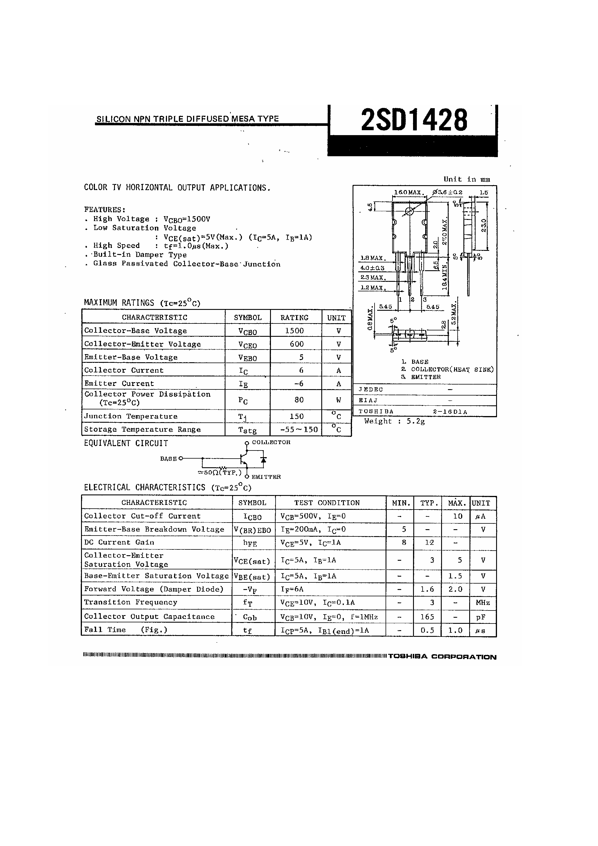 Datasheet 2SD1428 - SILICON NPN TRIPLE DIFFUSED MESA TYPE page 1