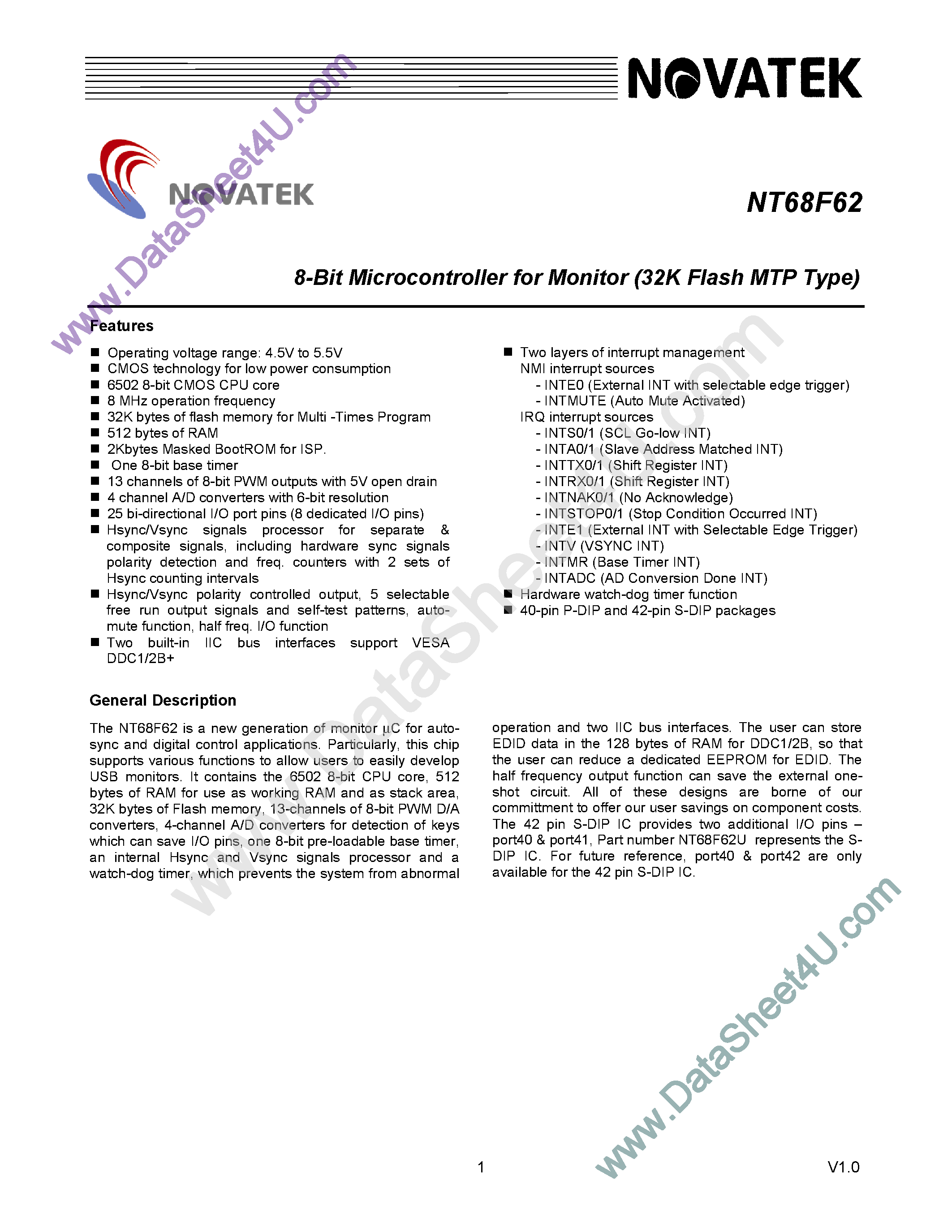 Datasheet NT68F62 page 1 Datasheet NT68F62 - 8 Bit Microcontroller for Monitor page 1