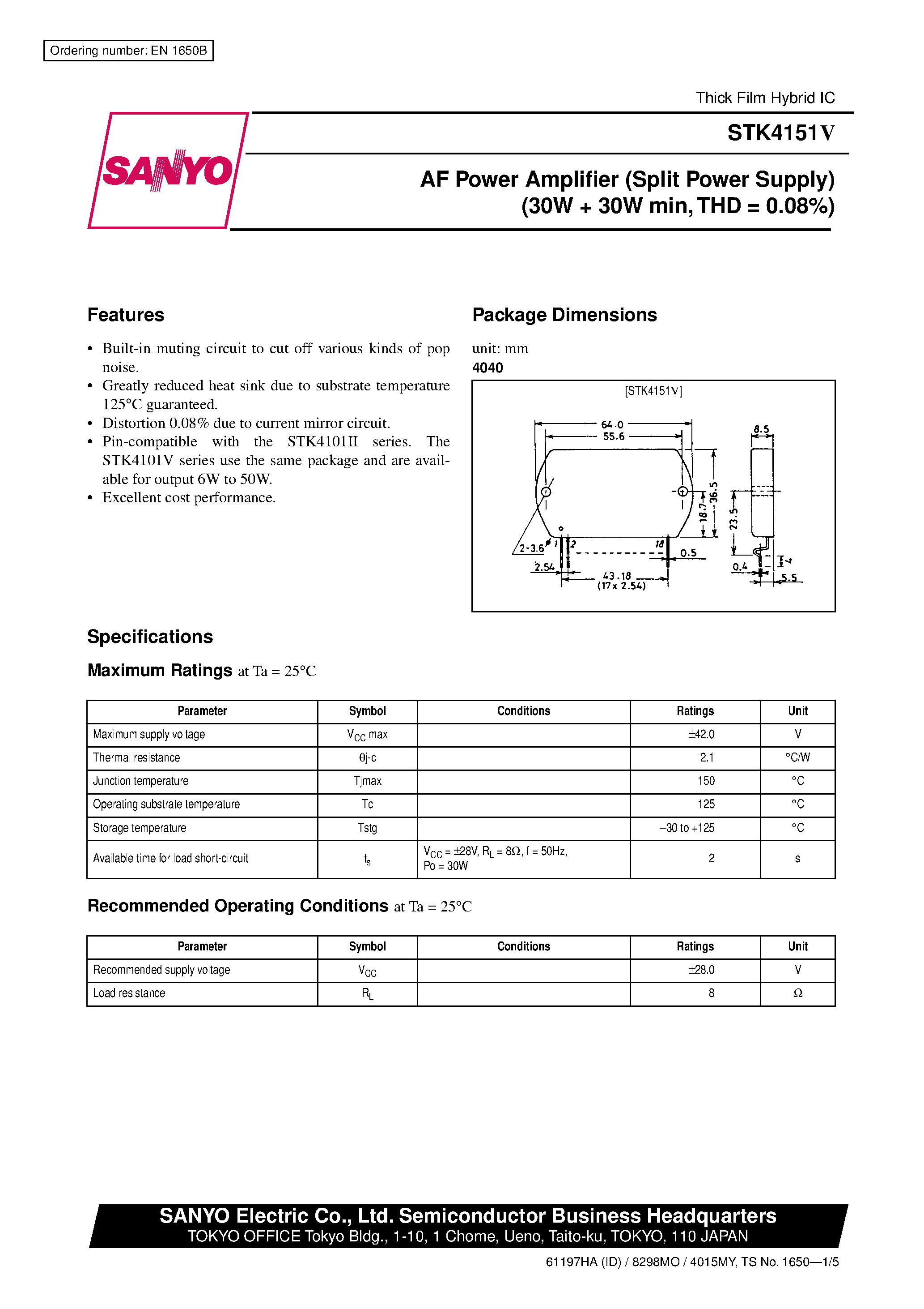 Datasheet STK4151V page 1 Datasheet STK4151V - AF Power Amplifier page 1