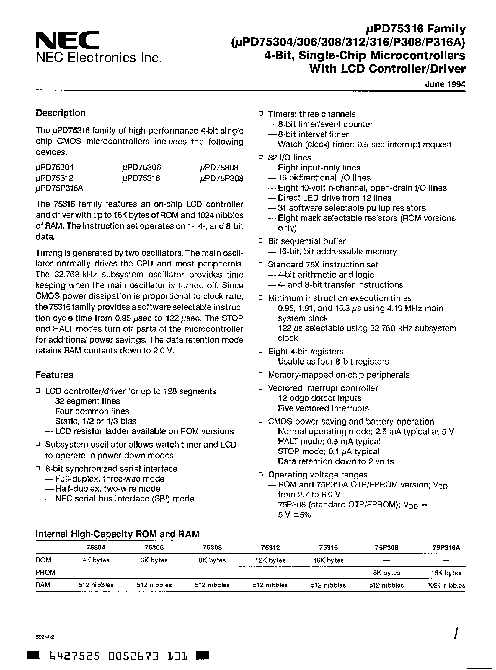 Datasheet D75308GF page 1 Datasheet D75308GF - 4-BIT SINGLE-CHIP MICROCOMPUTER page 1