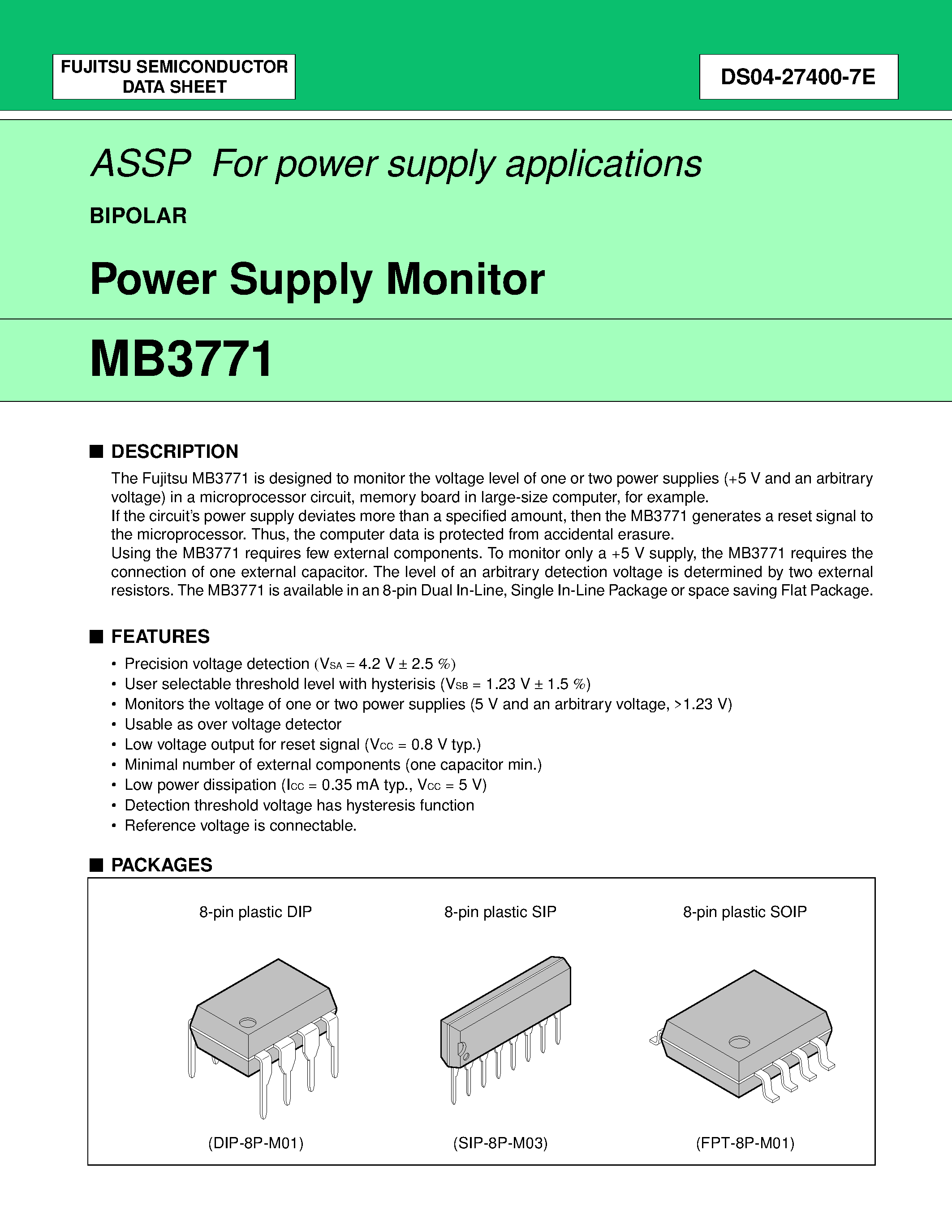 Даташит на микросхему MB3771 страница 1 Даташит MB3771 - Power Supply Monitor страница 1