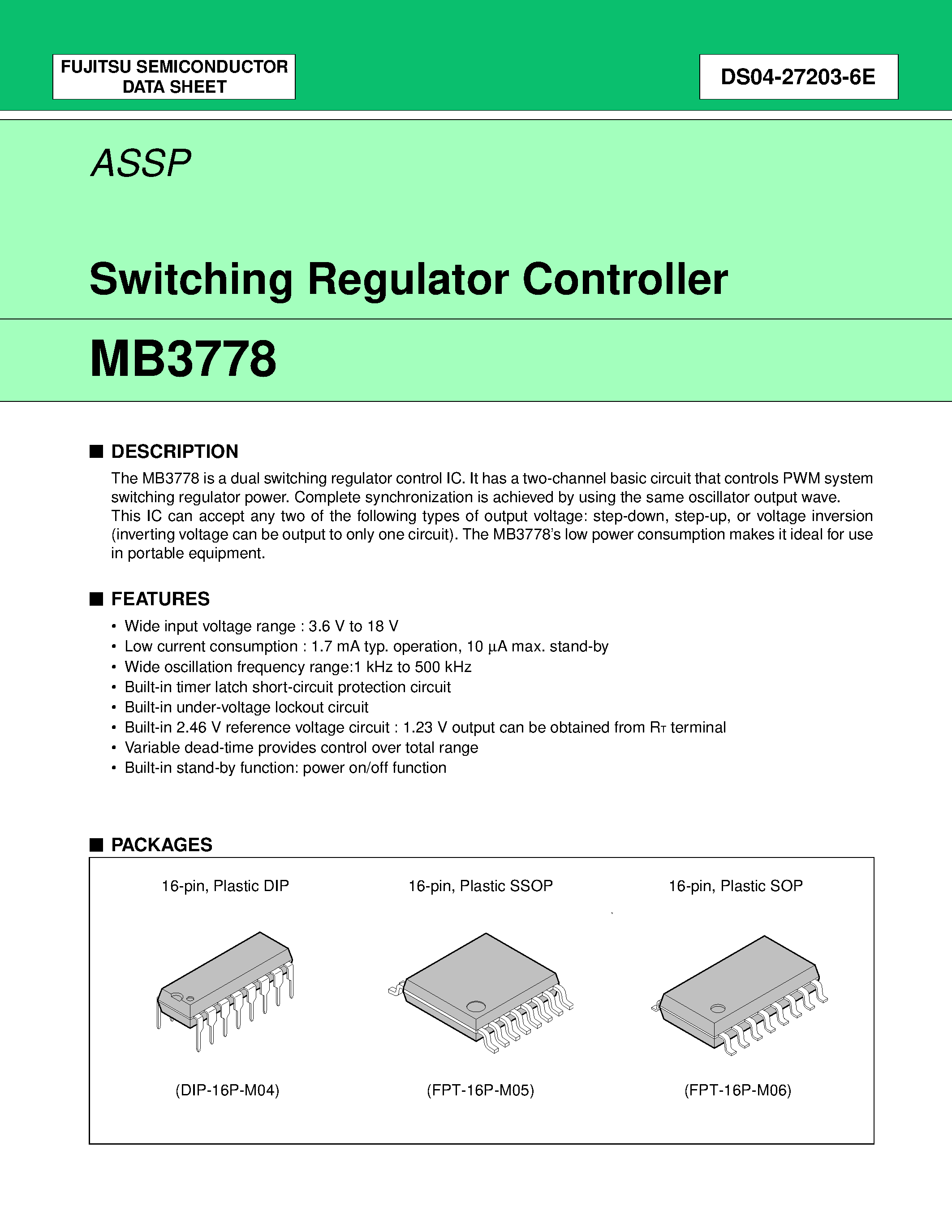 Datasheet MB3778 page 1 Datasheet MB3778 - Switching Regulator Controller page 1