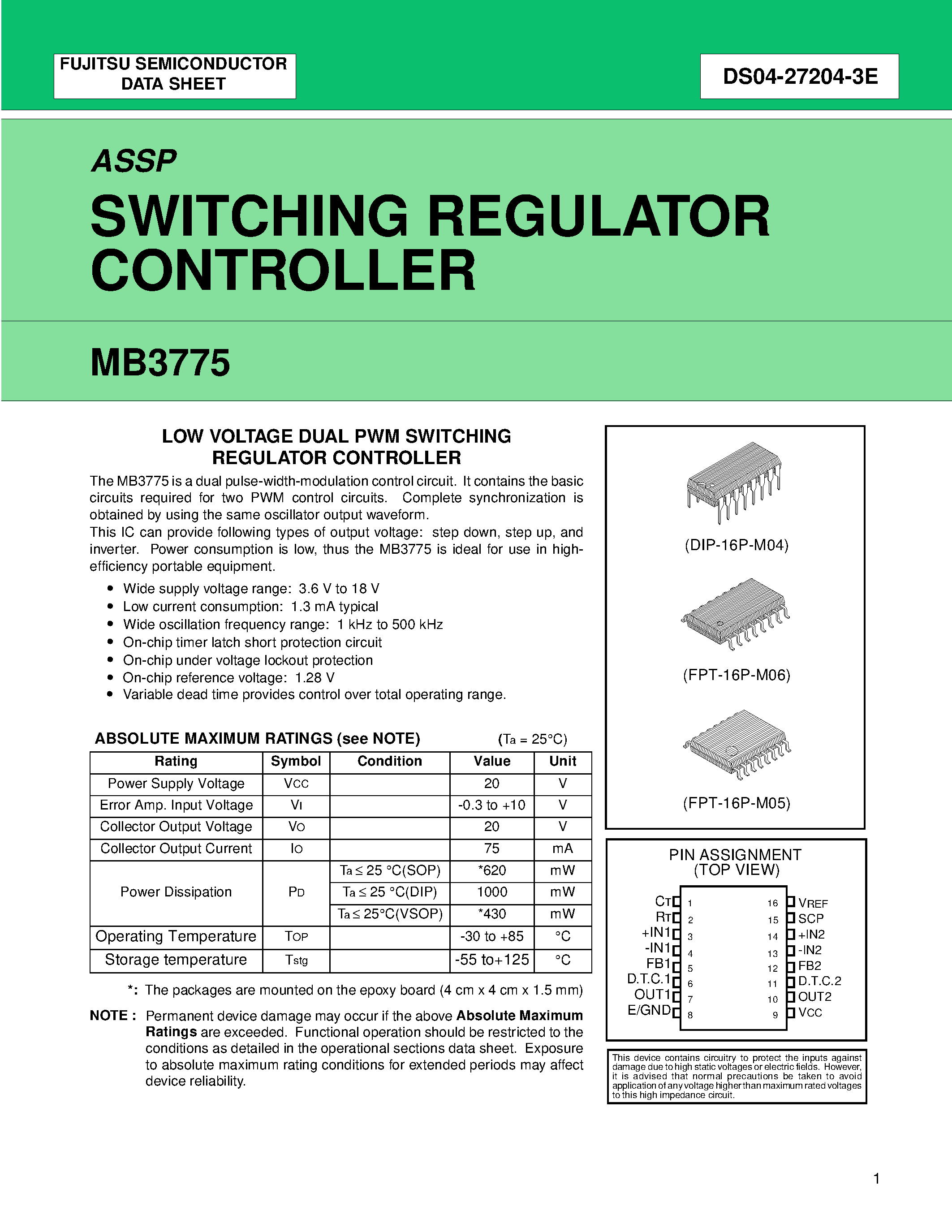 Datasheet MB3775 page 1 Datasheet MB3775 - SWITCHING REGULATOR CONTROLLER page 1