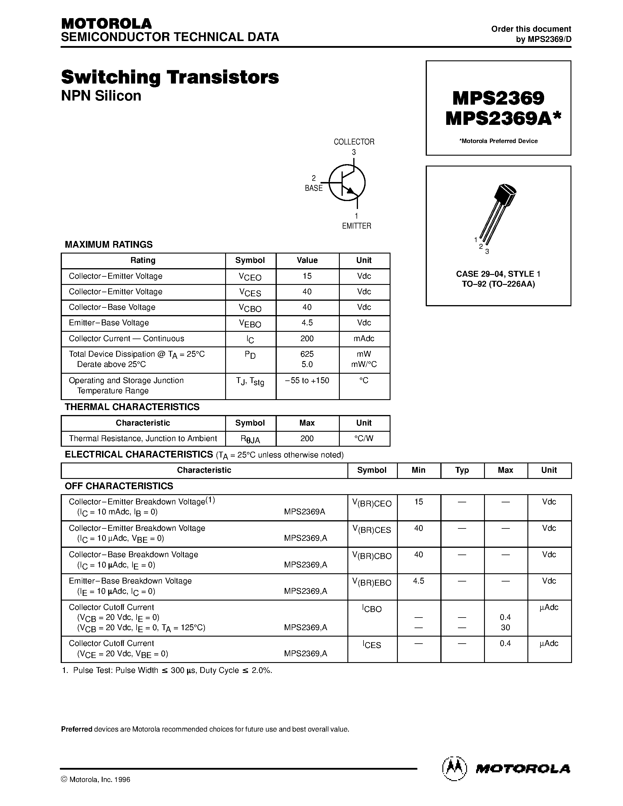 Datasheet MPS2369 page 1 Datasheet MPS2369 - Switching Transistors page 1