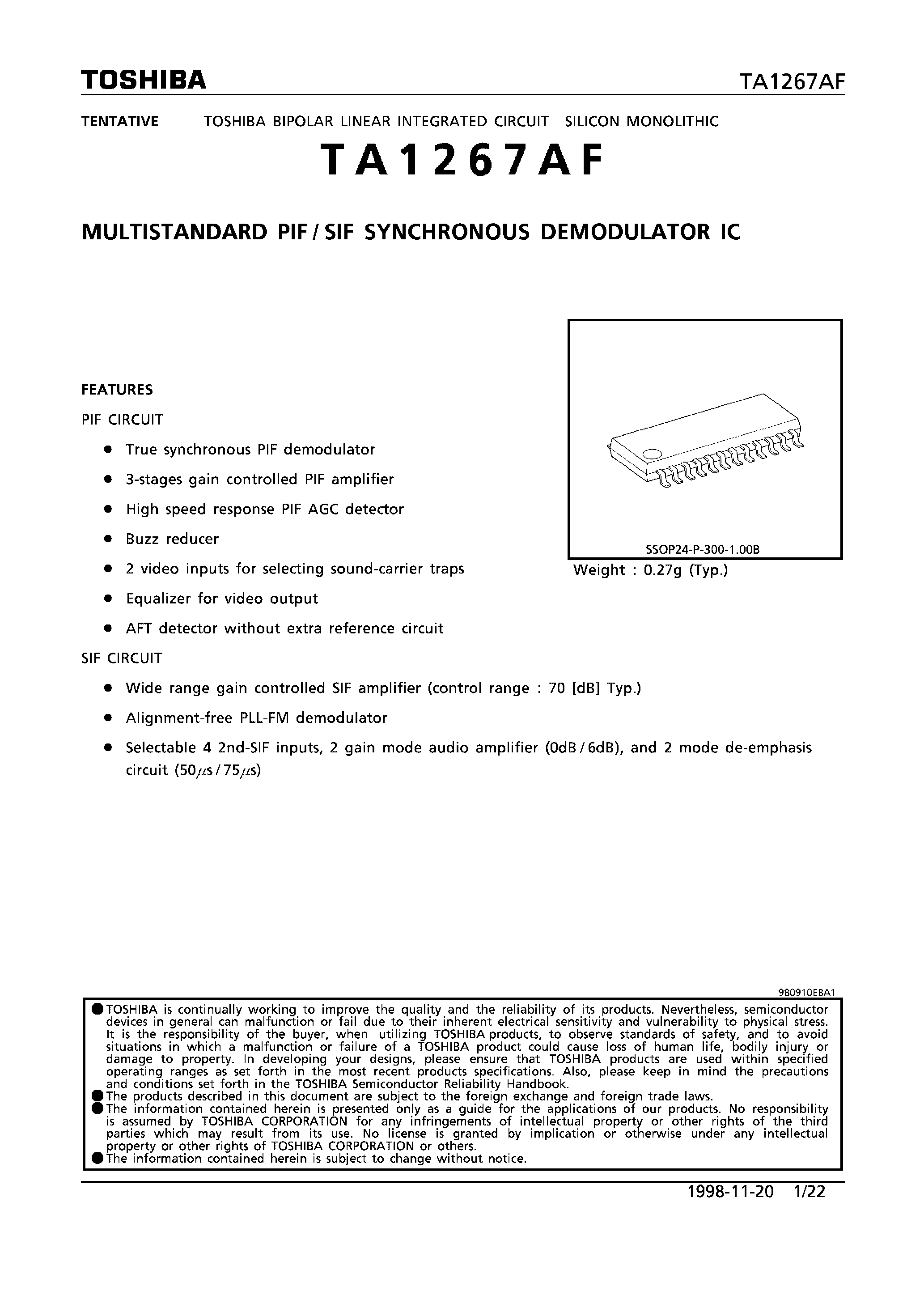 Datasheet TA1267AF - MULTISTANDARD PIF/SIF SYNCHRONOUS DEMODULATOR IC page 1