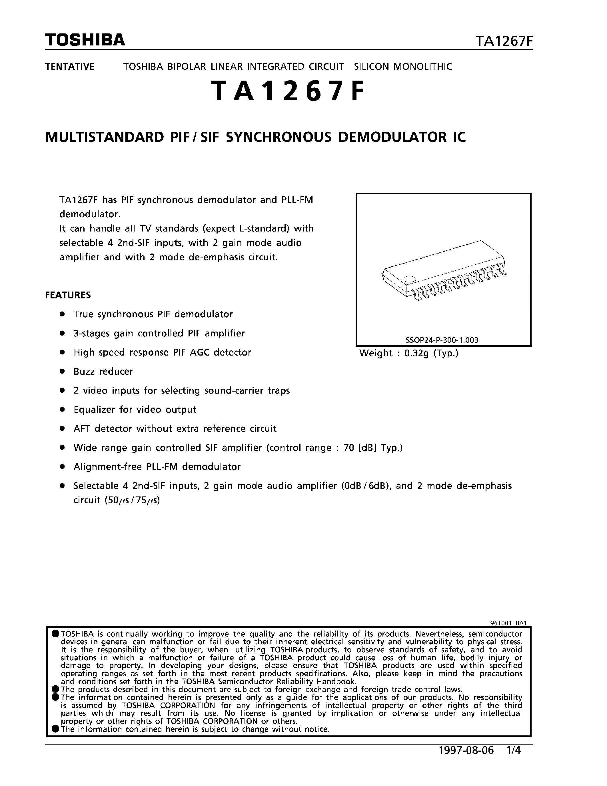Datasheet TA1267F - BIPOLAR LINEAR INTEGRATED CIRCUIT page 1