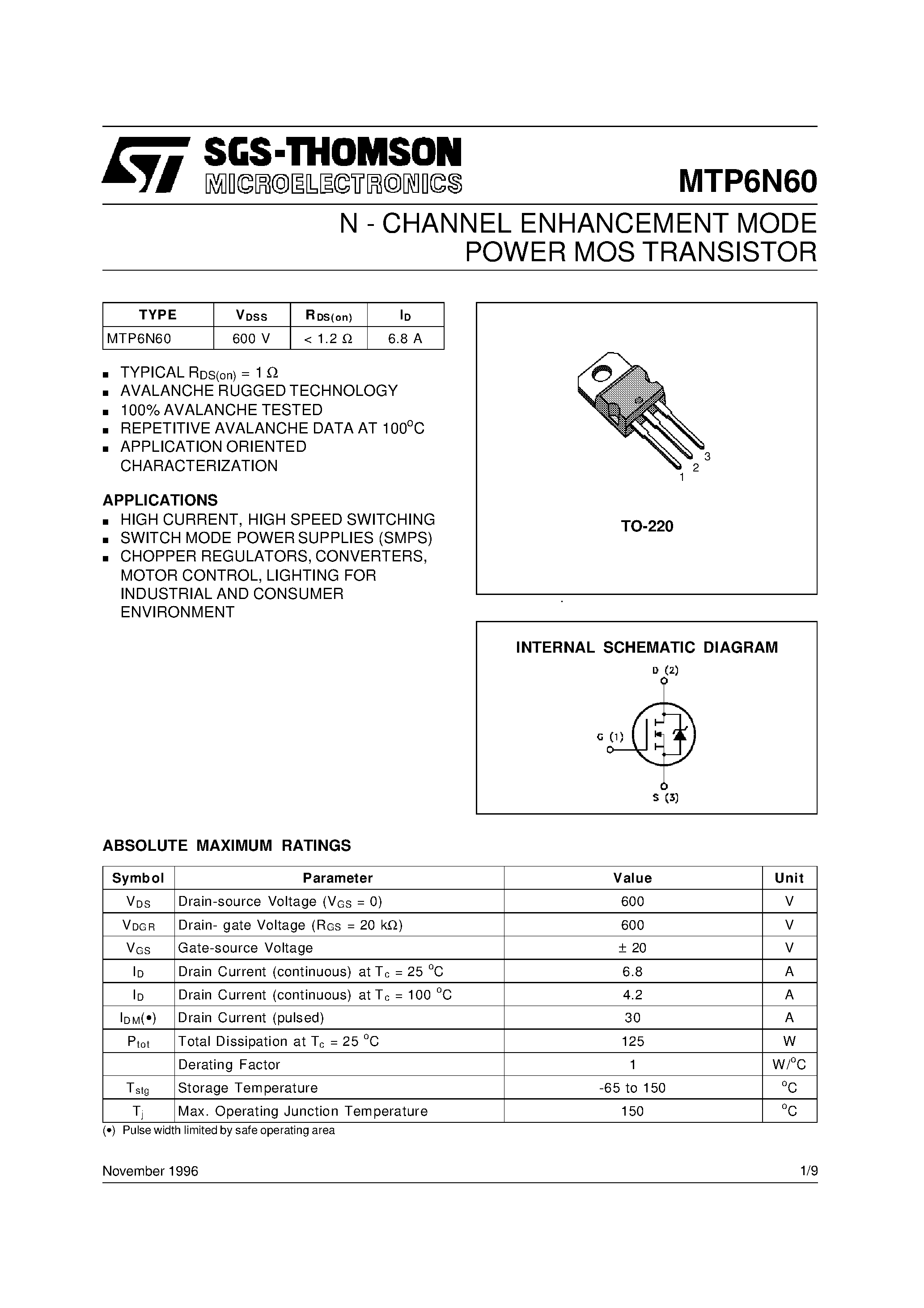 Datasheet MTP6N60 - N - CHANNEL ENHANCEMENT MODE POWER MOS TRANSISTOR page 1