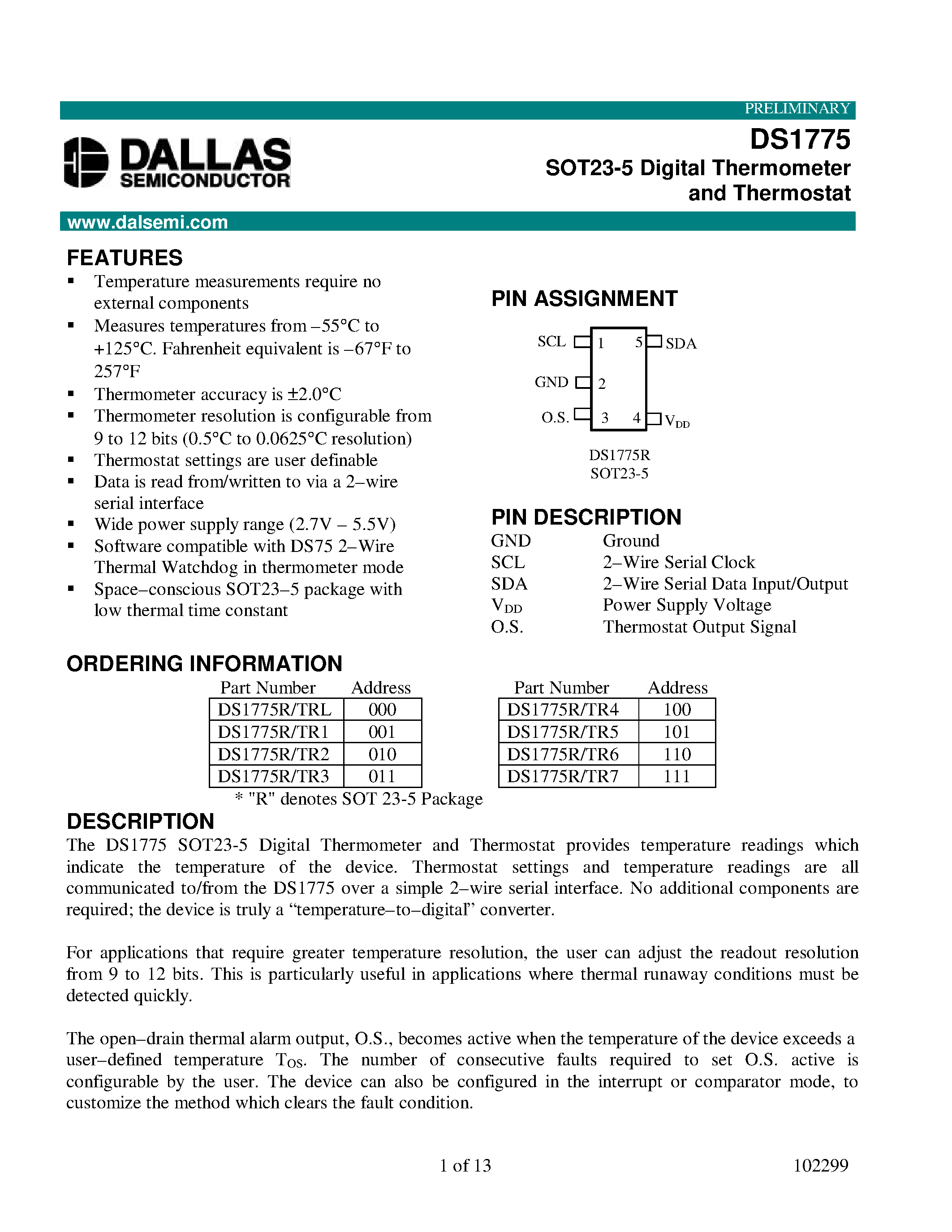 Datasheet DS1775 page 1 Datasheet DS1775 - SOT23-5 Digital Thermometer and Thermostat page 1