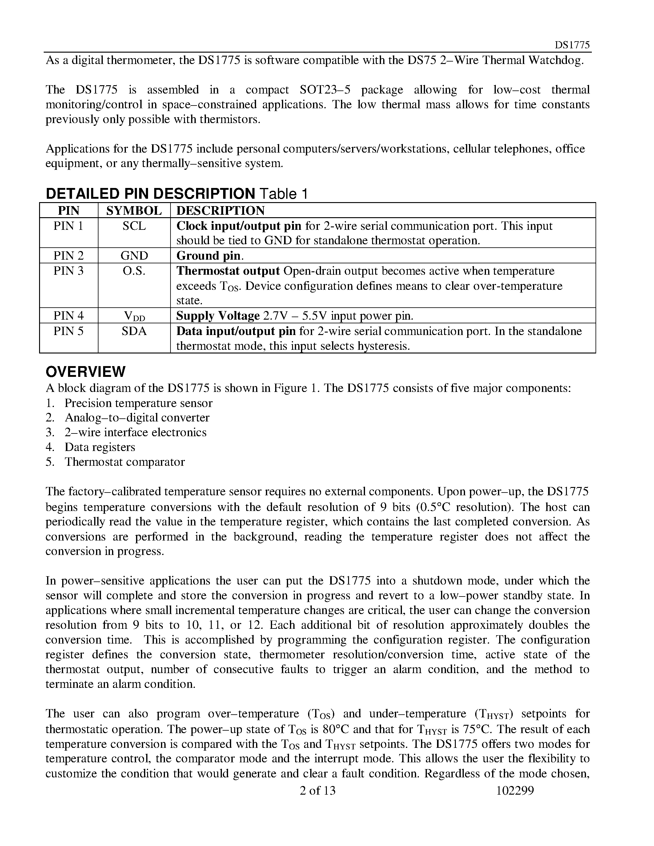 Datasheet DS1775 page 2 Datasheet DS1775 - SOT23-5 Digital Thermometer and Thermostat page 2