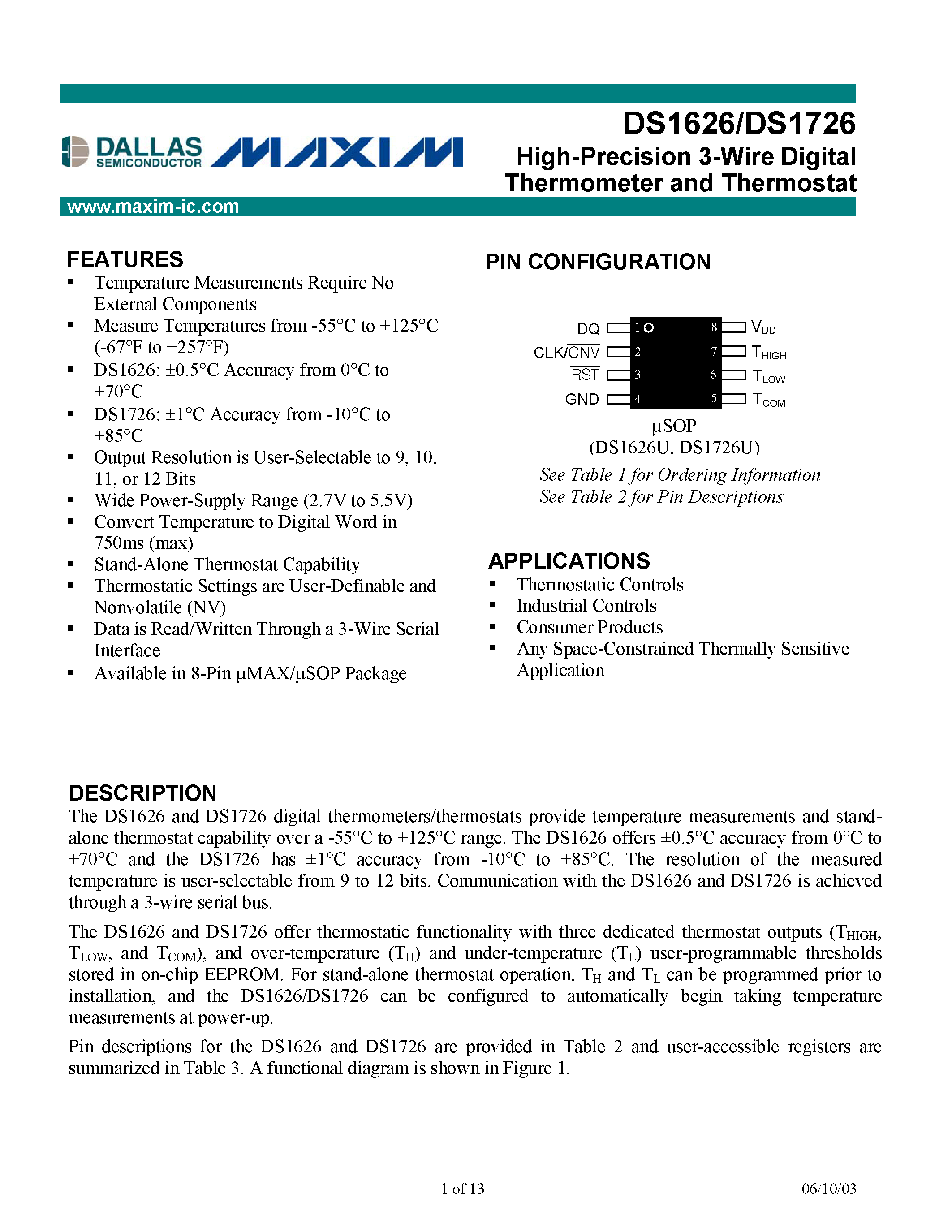 Datasheet DS1726 page 1 Datasheet DS1726 - High-Precision 3-Wire Digital Thermometer and Thermostat page 1