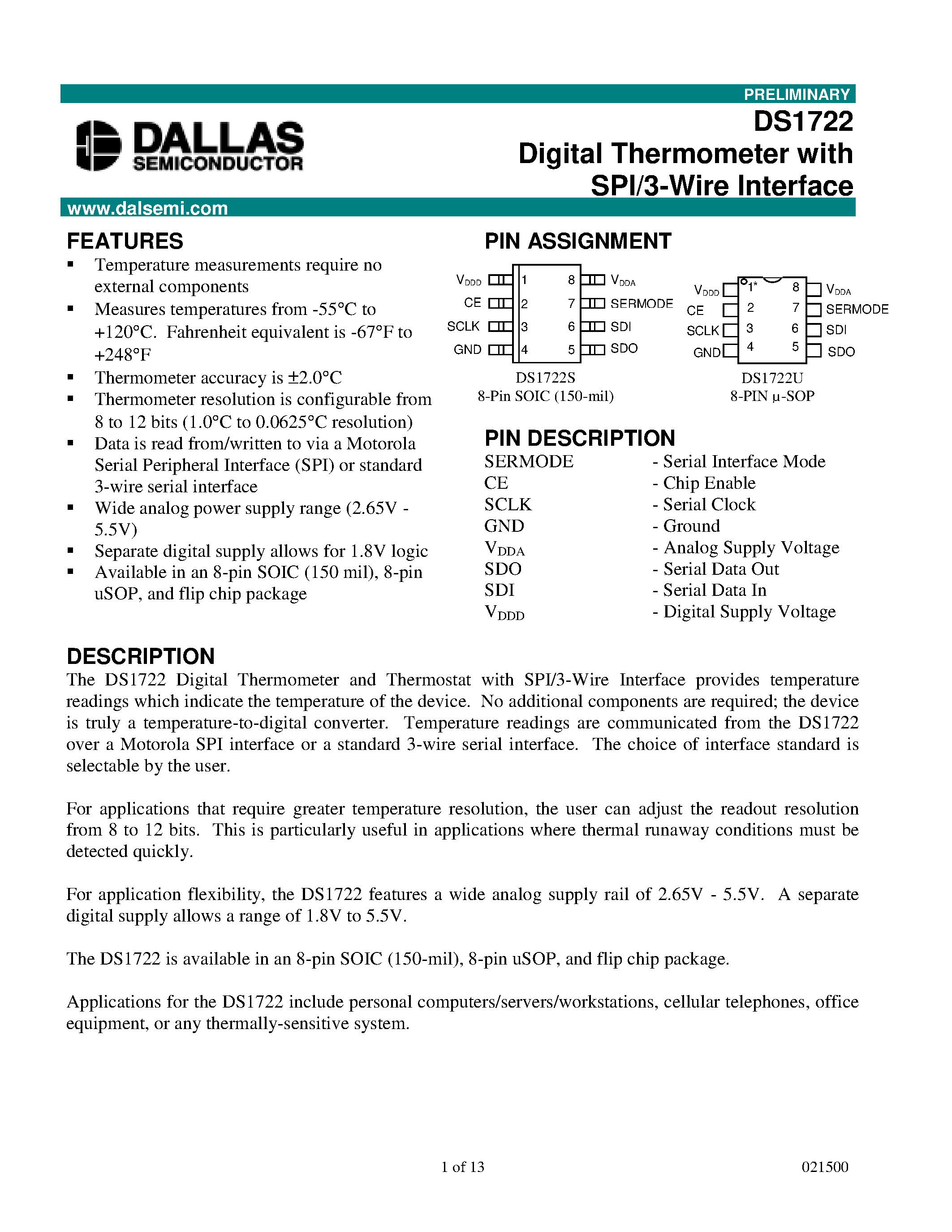 Datasheet DS1722 - Digital Thermometer with SPI/3-Wire Interface page 1