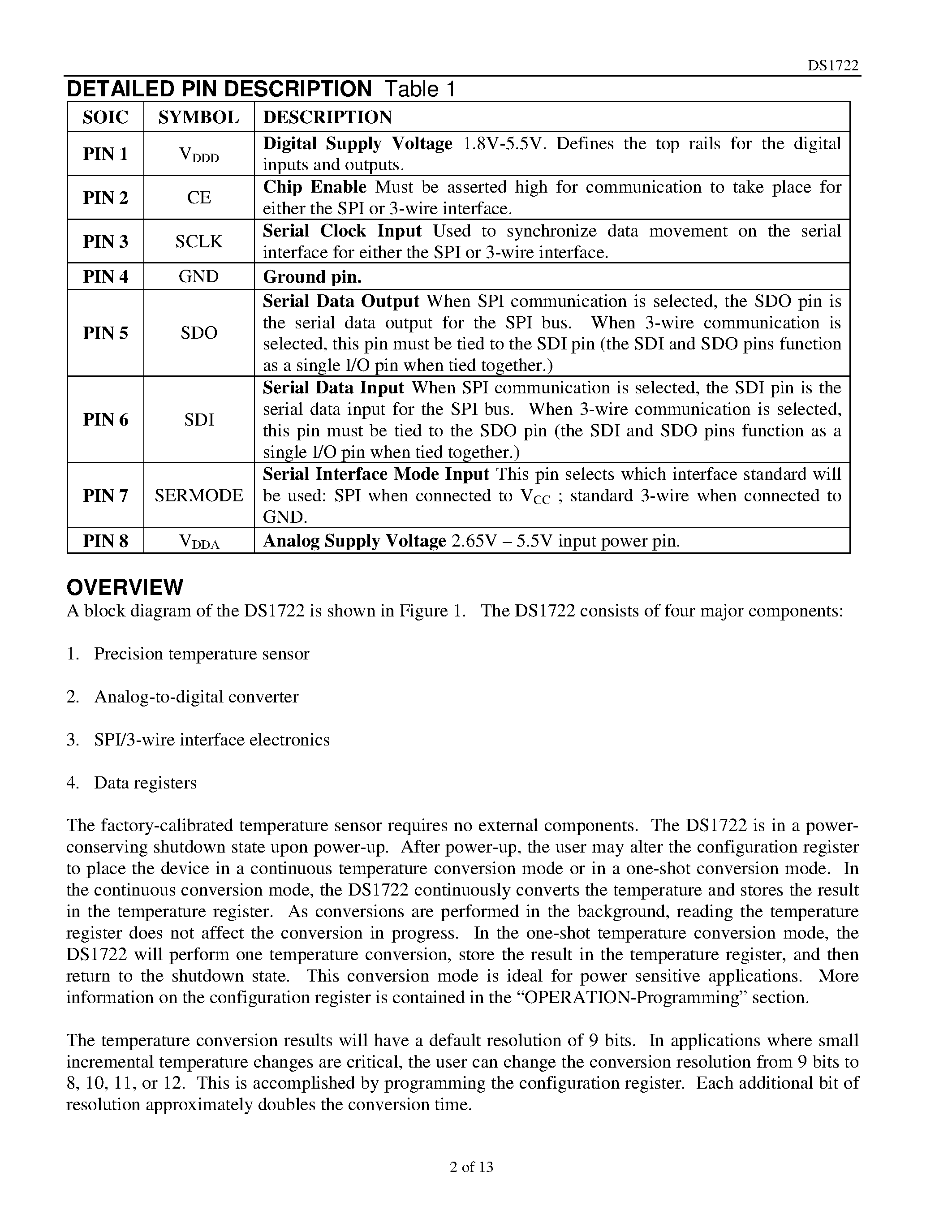 Datasheet DS1722 - Digital Thermometer with SPI/3-Wire Interface page 2