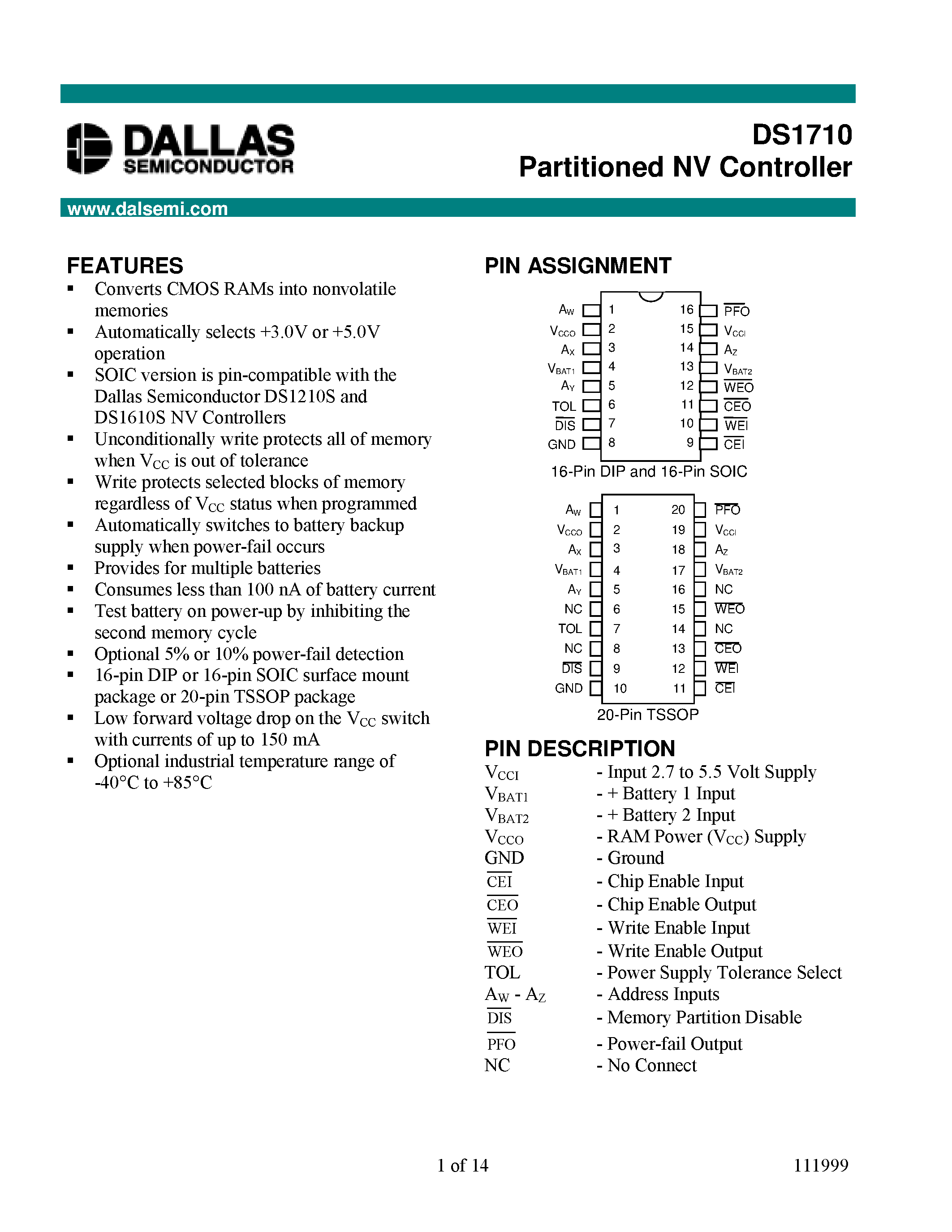 Datasheet DS1710 - Partitioned NV Controller page 1