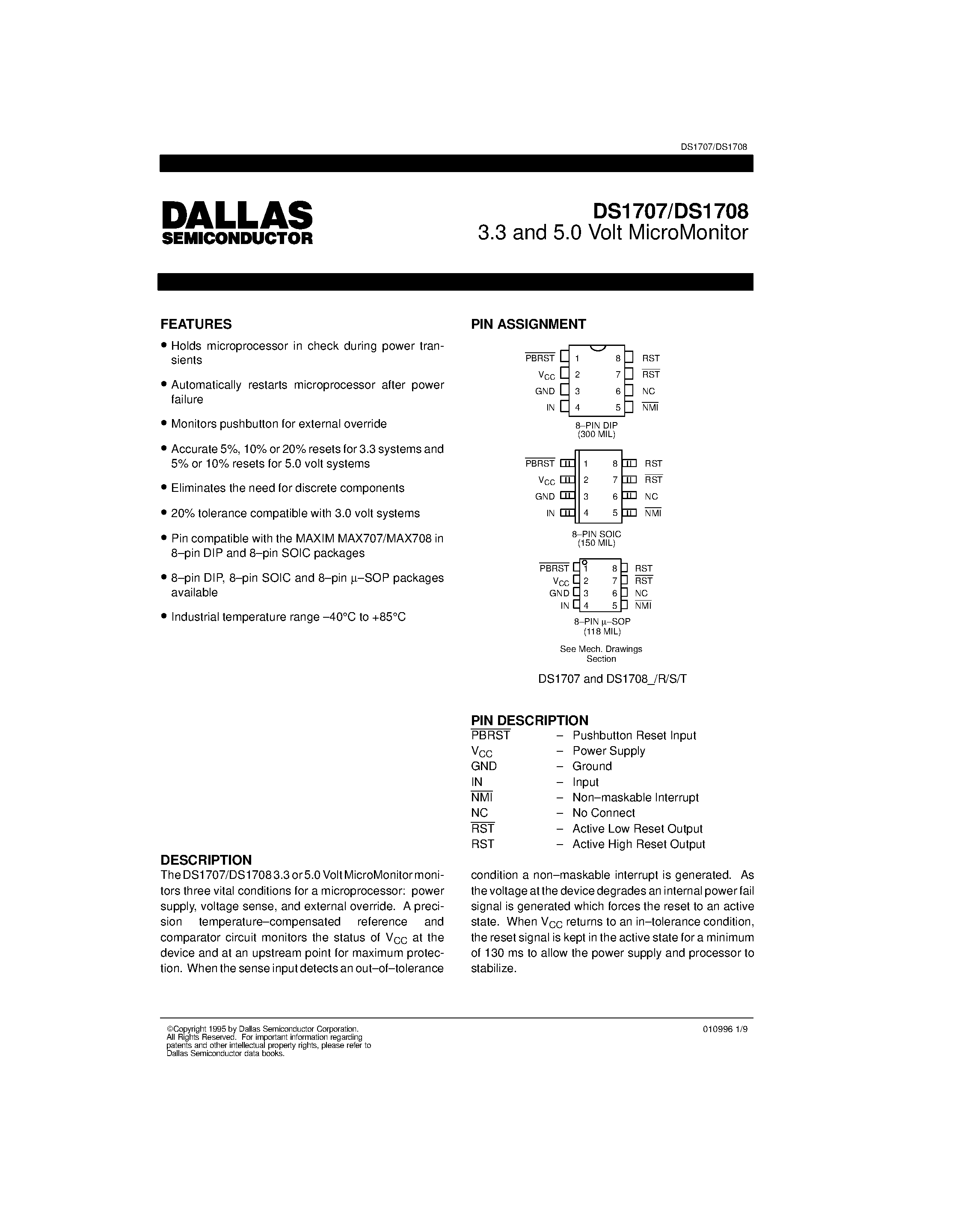 Datasheet DS1708 - 3.3 and 5.0 Volt MicroMonitor page 1
