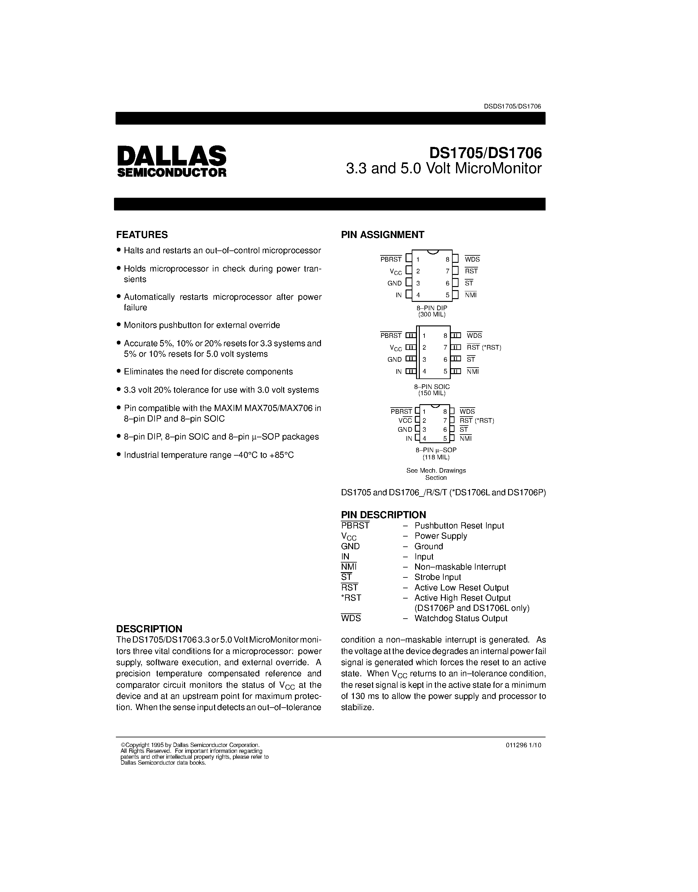 Datasheet DS1705 - 3.3 and 5.0 Volt MicroMonitor page 1