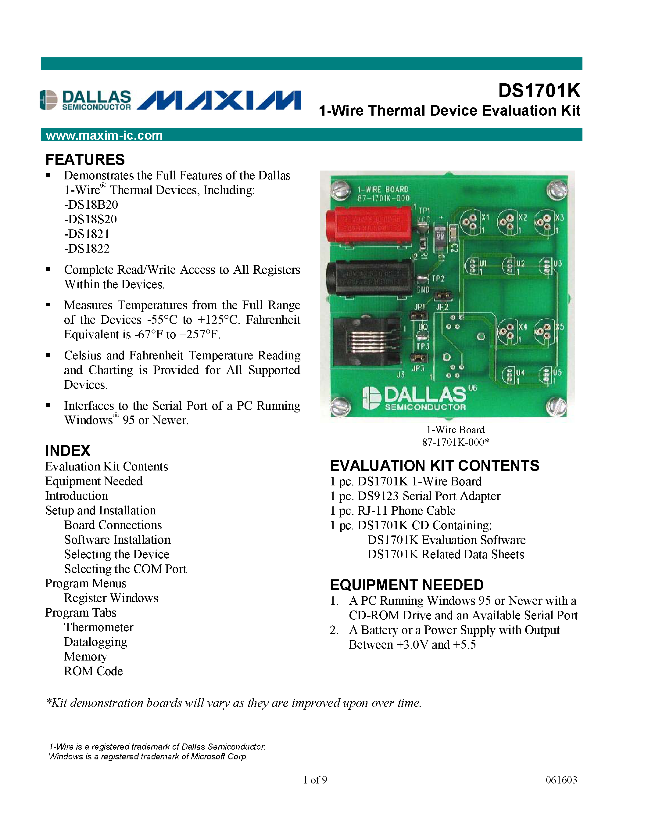 Datasheet DS1701K - 1-Wire Thermal Device Evaluation Kit page 1