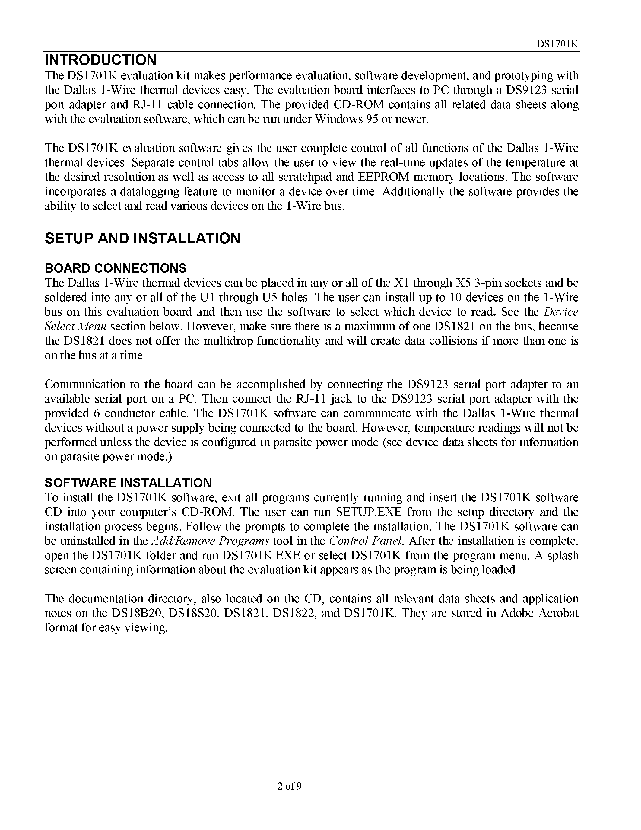 Datasheet DS1701K - 1-Wire Thermal Device Evaluation Kit page 2