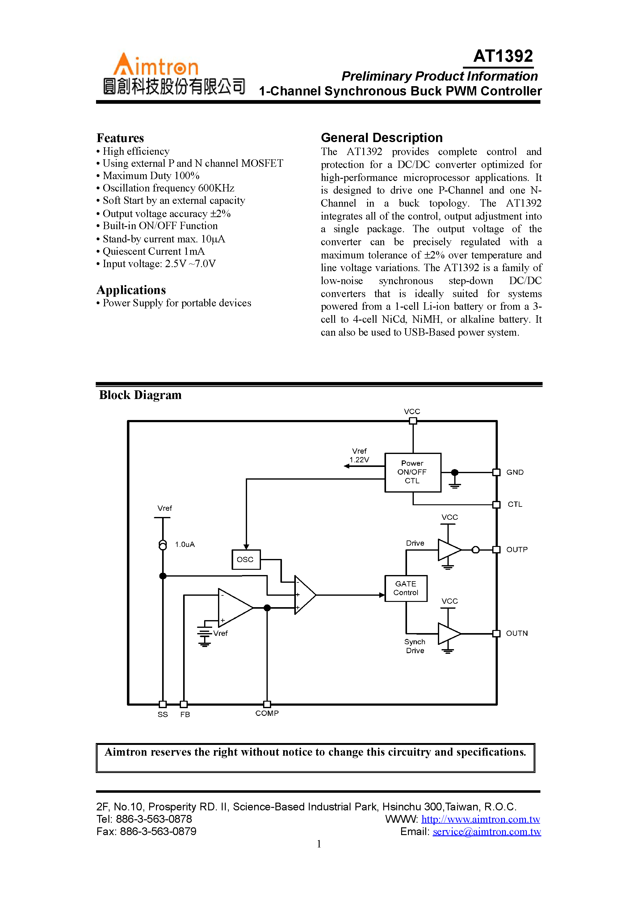 Datasheet AT1392 - 1 Channel Synchronous Buck PWM Controller page 1