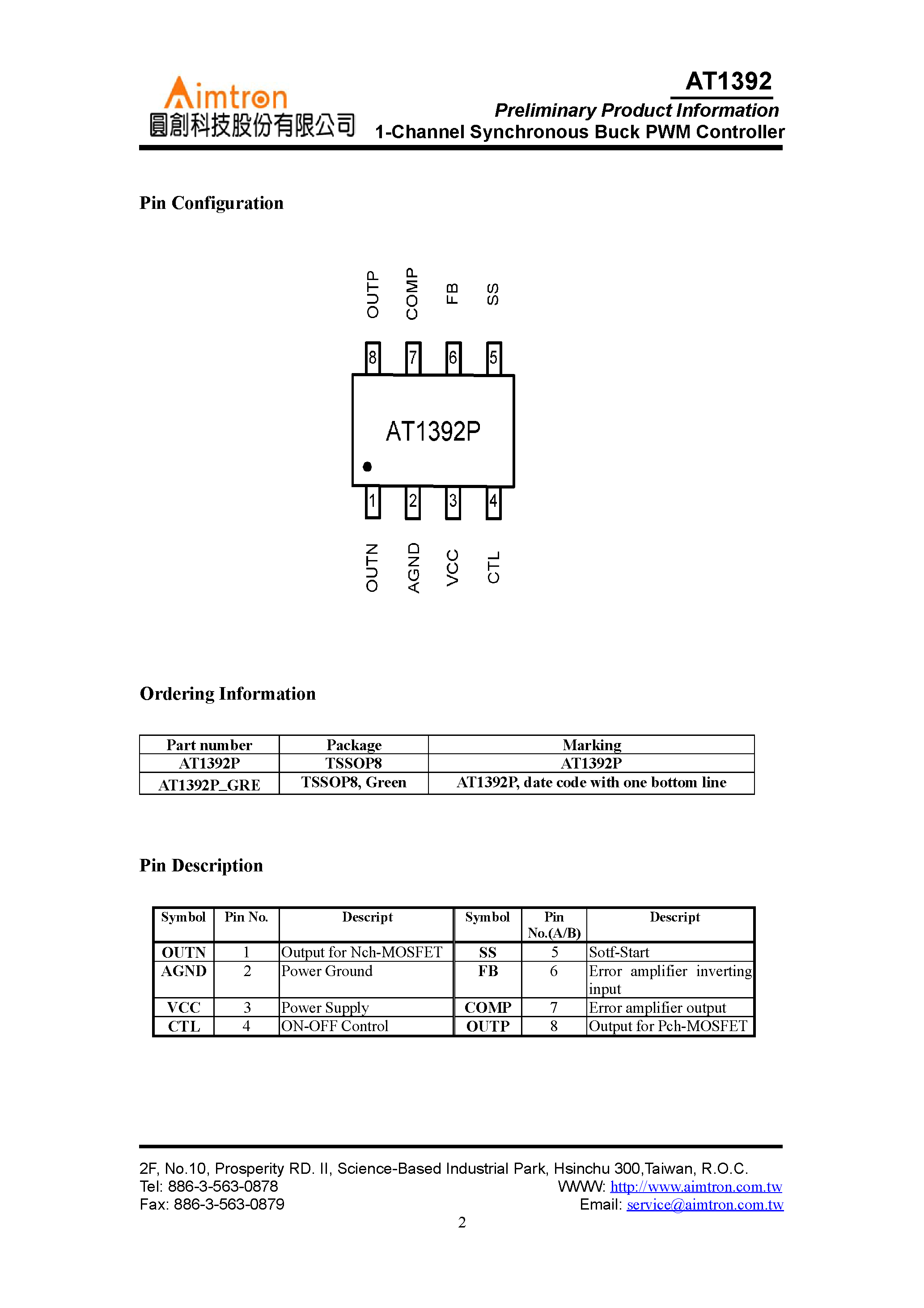 Datasheet AT1392 - 1 Channel Synchronous Buck PWM Controller page 2