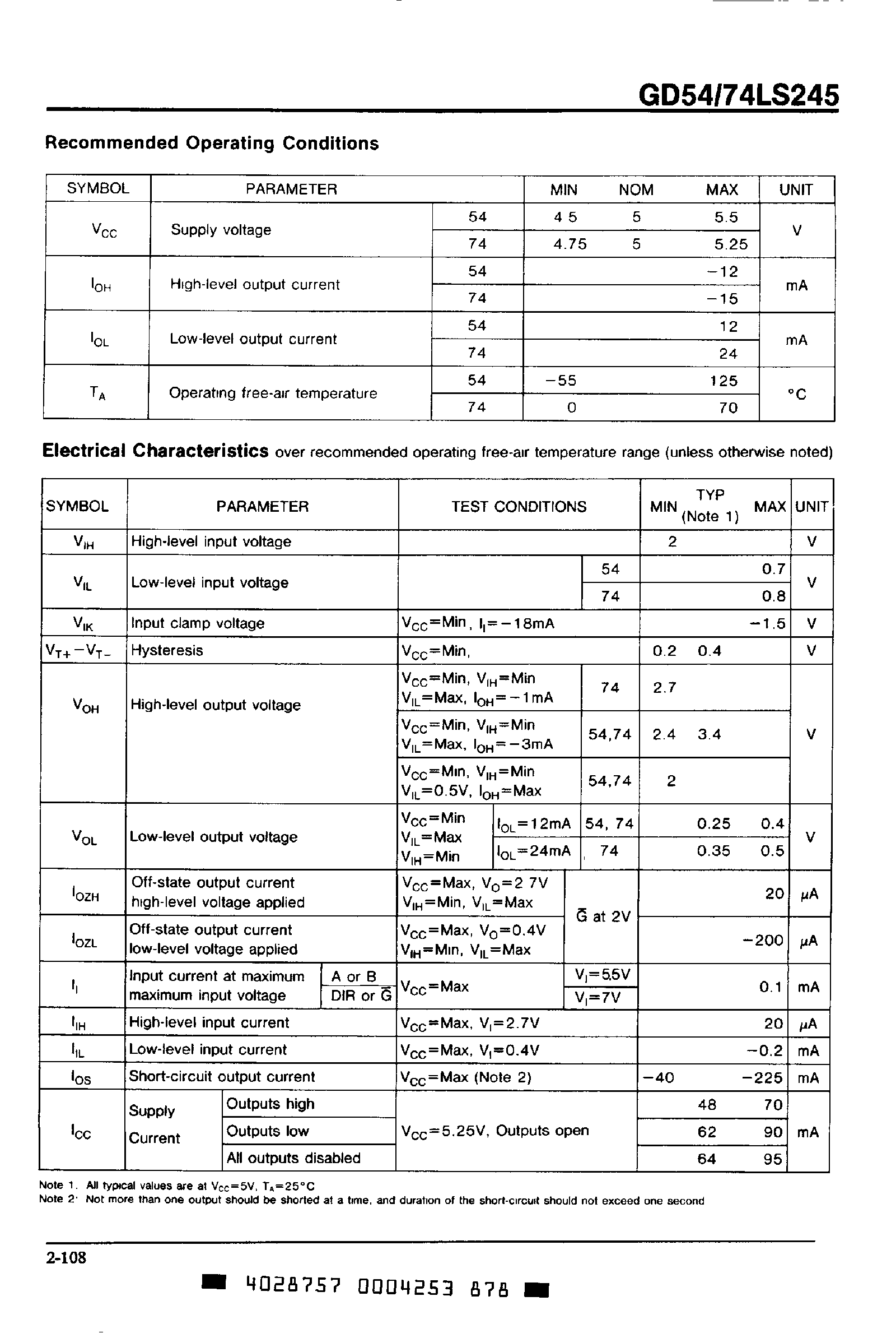 Даташит GD74LS245 - Octal Bus Transceiver / Non-Inverted 3 State Outputs страница 2