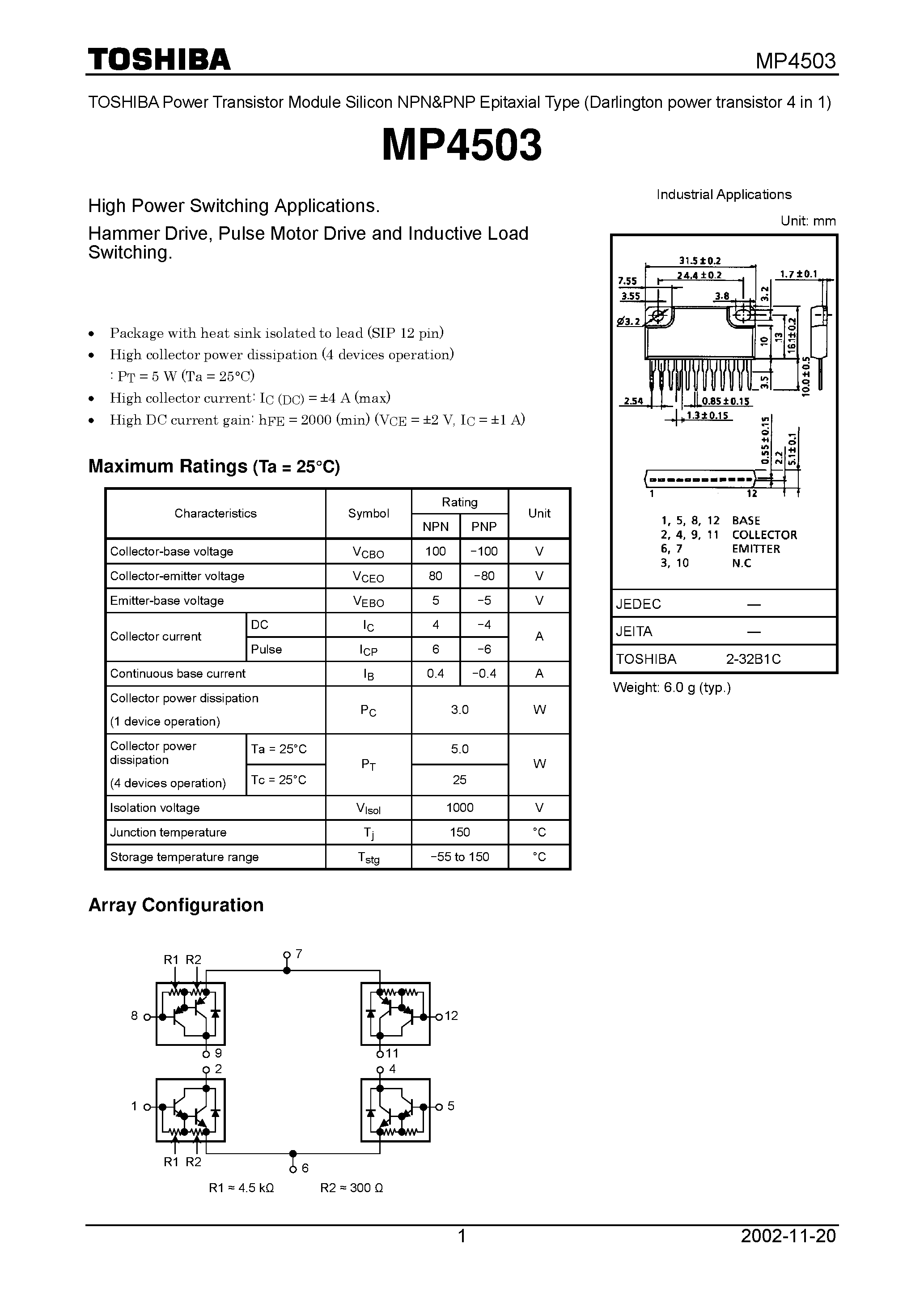 Даташит MP4503 - High Power Switching Applications Hammer Drive/Pulse Motor Drive and Inductive Load Switching страница 1