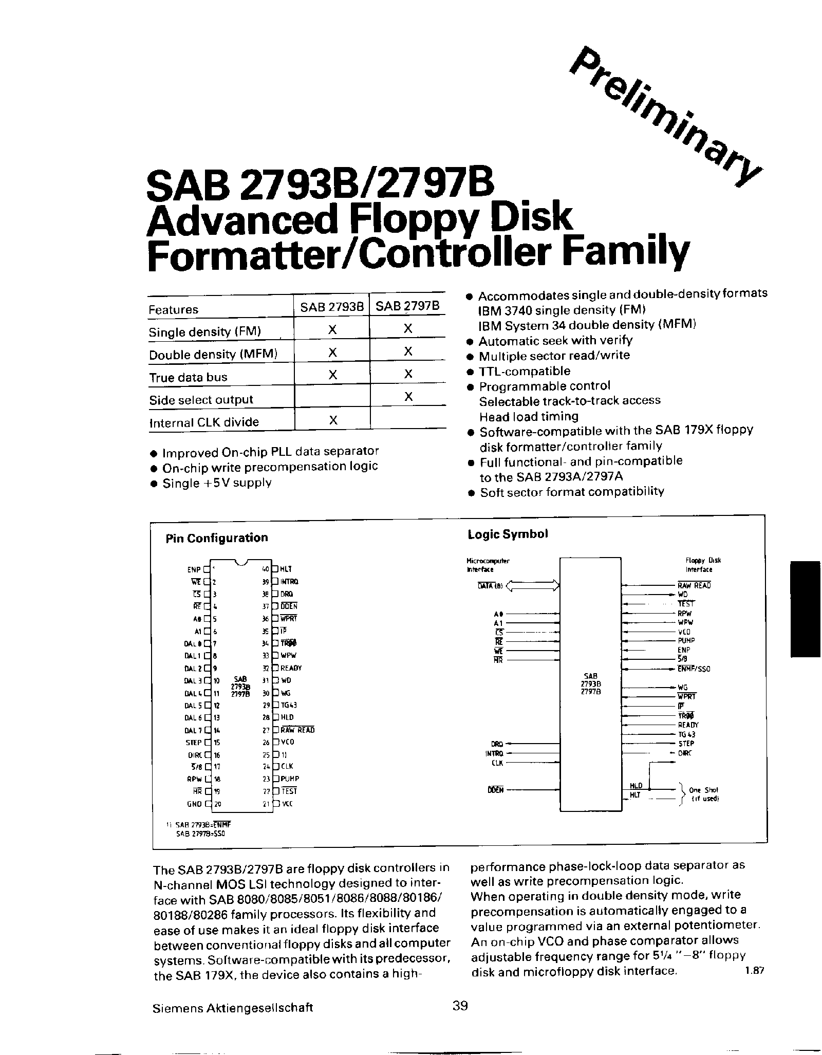 Даташит SAB2797B - (SAB2793B) Advanced Floppy Disk Formatter / Controller Family страница 1