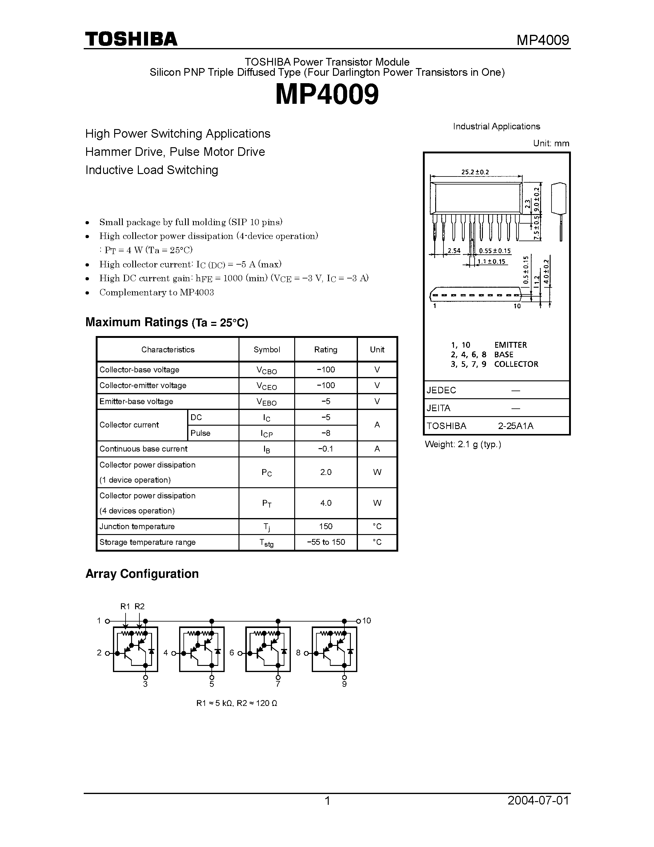 Даташит на микросхему MP4009 страница 1 Даташит MP4009 - High Power Switching Applicationas Hammer Drive / Pulse Motor Drive Inductive Load Switching страница 1