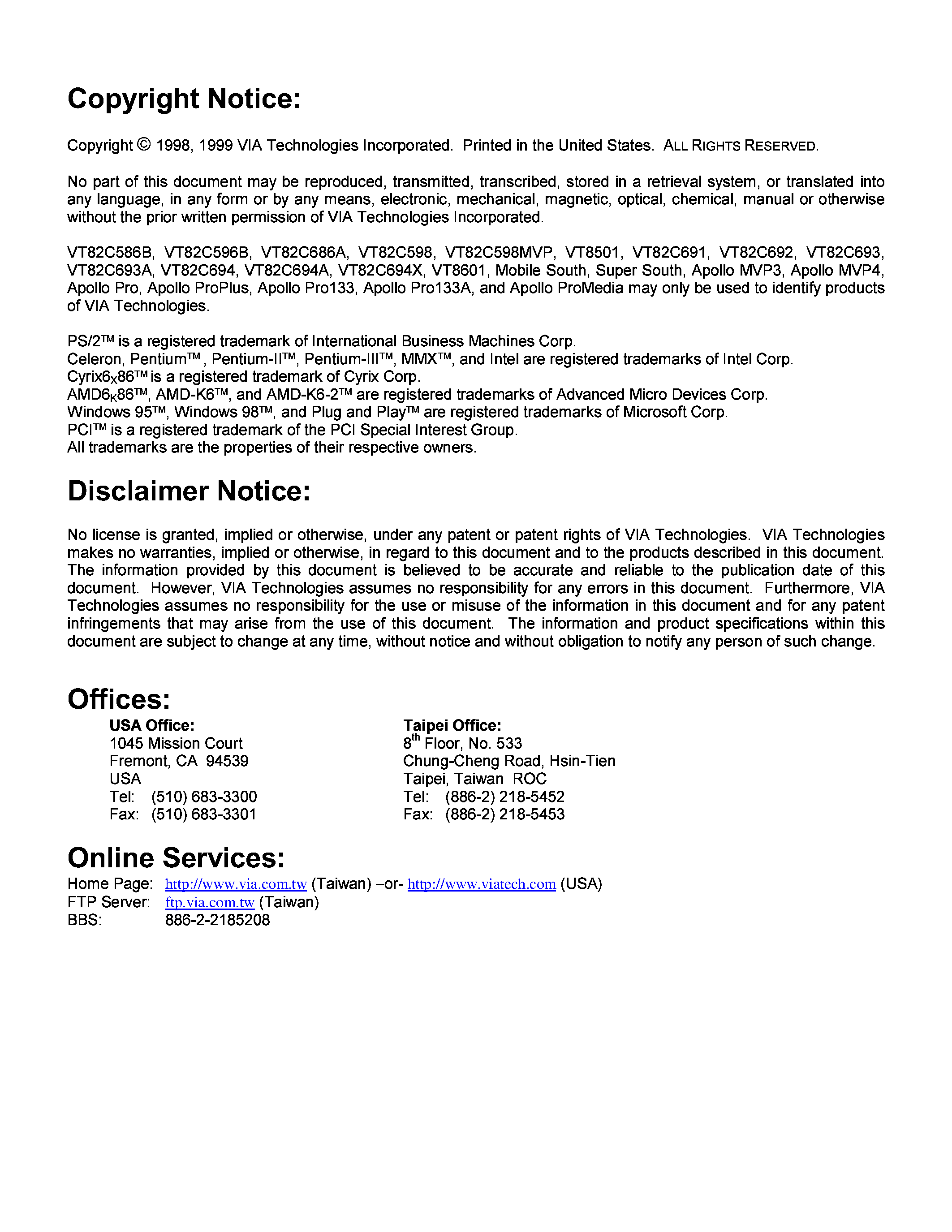 Datasheet VT8601 page 2 Datasheet VT8601 - Slot-1 / Socket-370 PCI North Bridge page 2