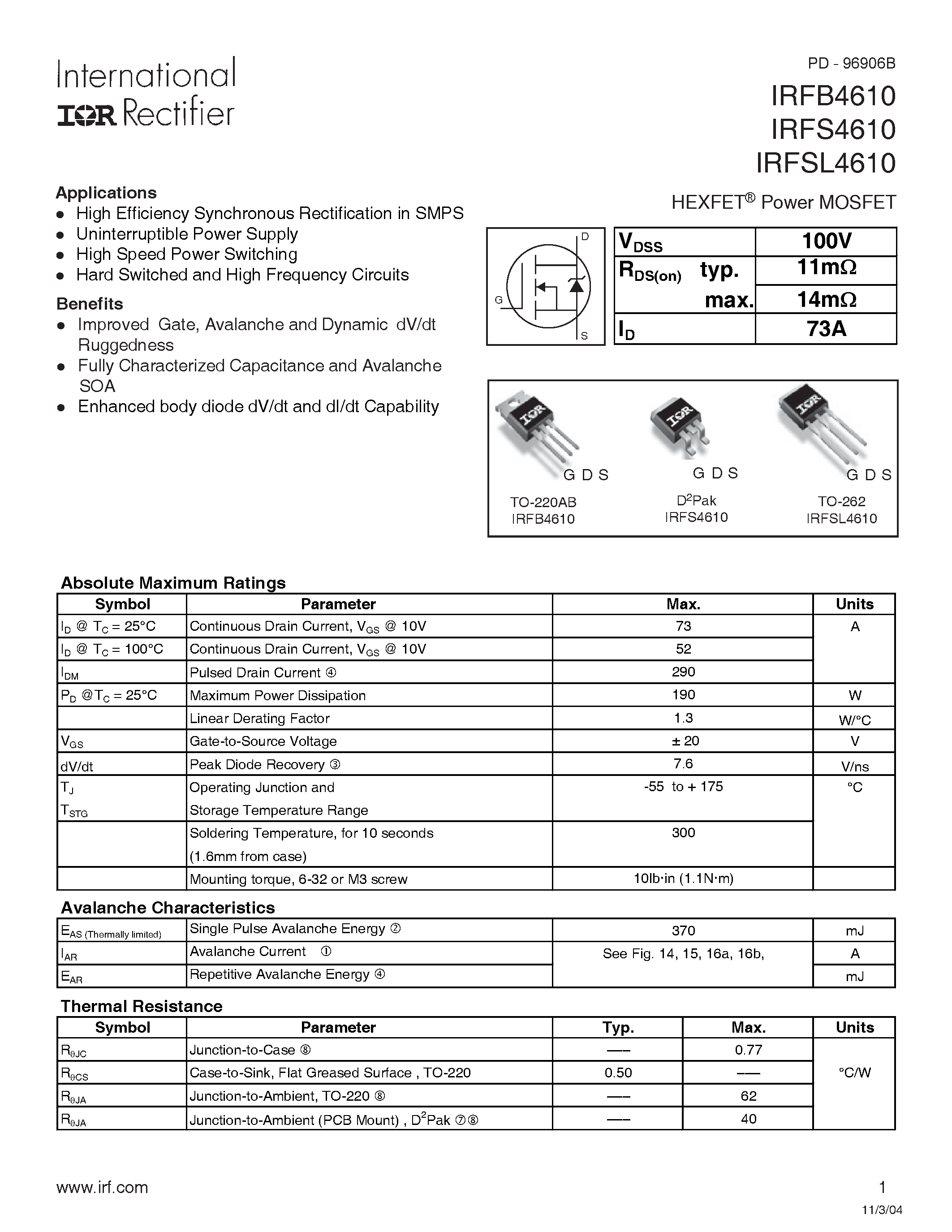 Datasheet IRFS4610 - Power MOSFET page 1