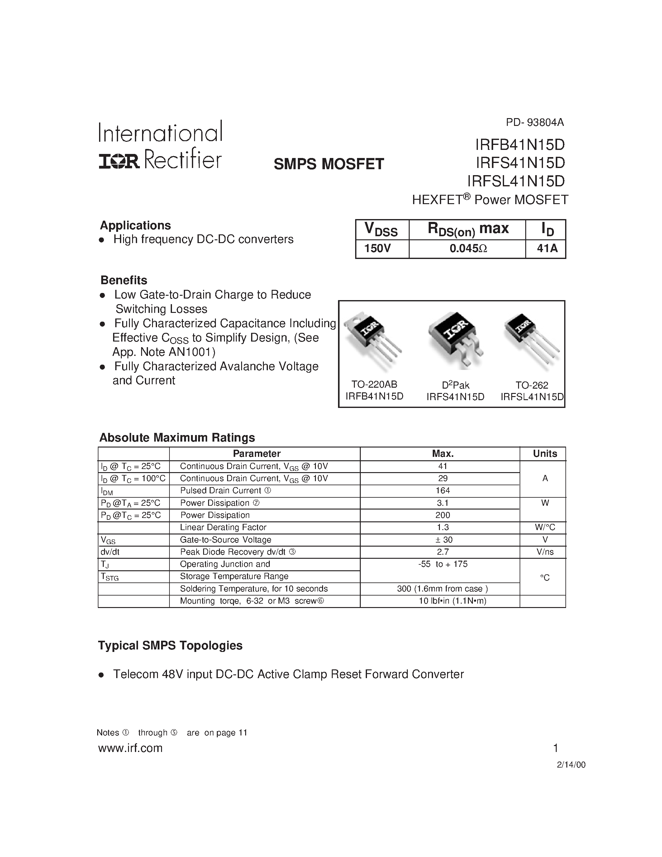 Datasheet IRFS41N15D - Power MOSFET page 1