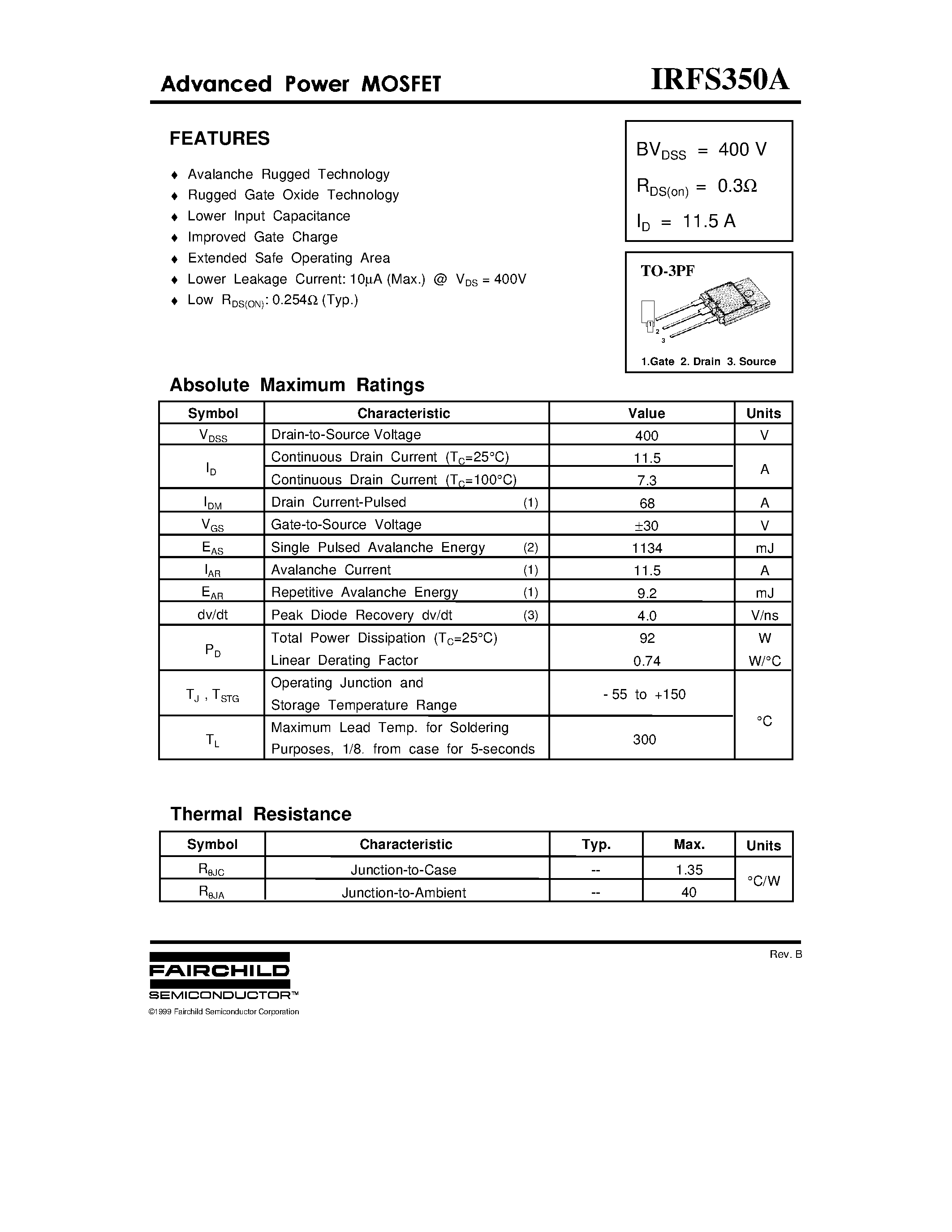 Datasheet IRFS350A page 1 Datasheet IRFS350A - Advanced Power MOSFET page 1