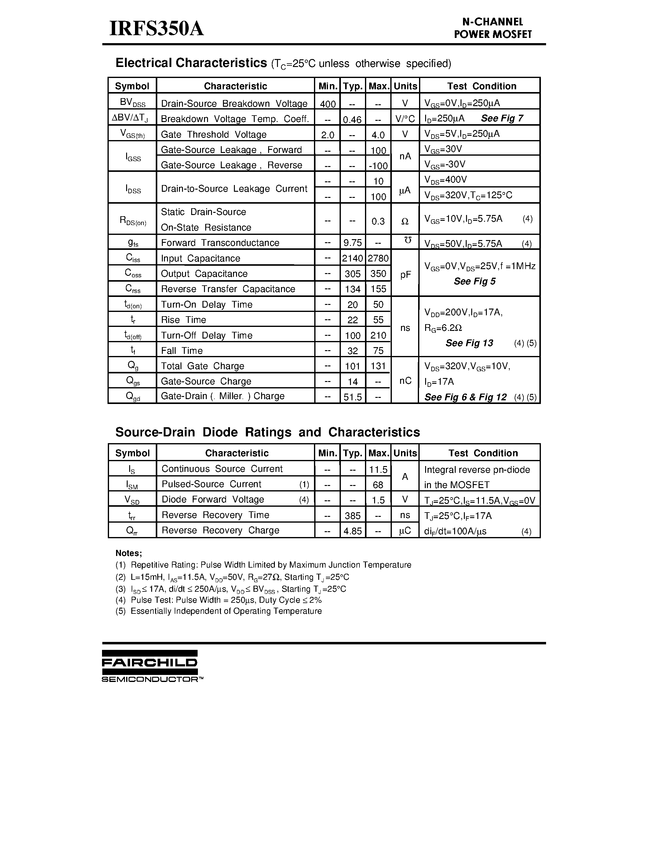 Datasheet IRFS350A page 2 Datasheet IRFS350A - Advanced Power MOSFET page 2
