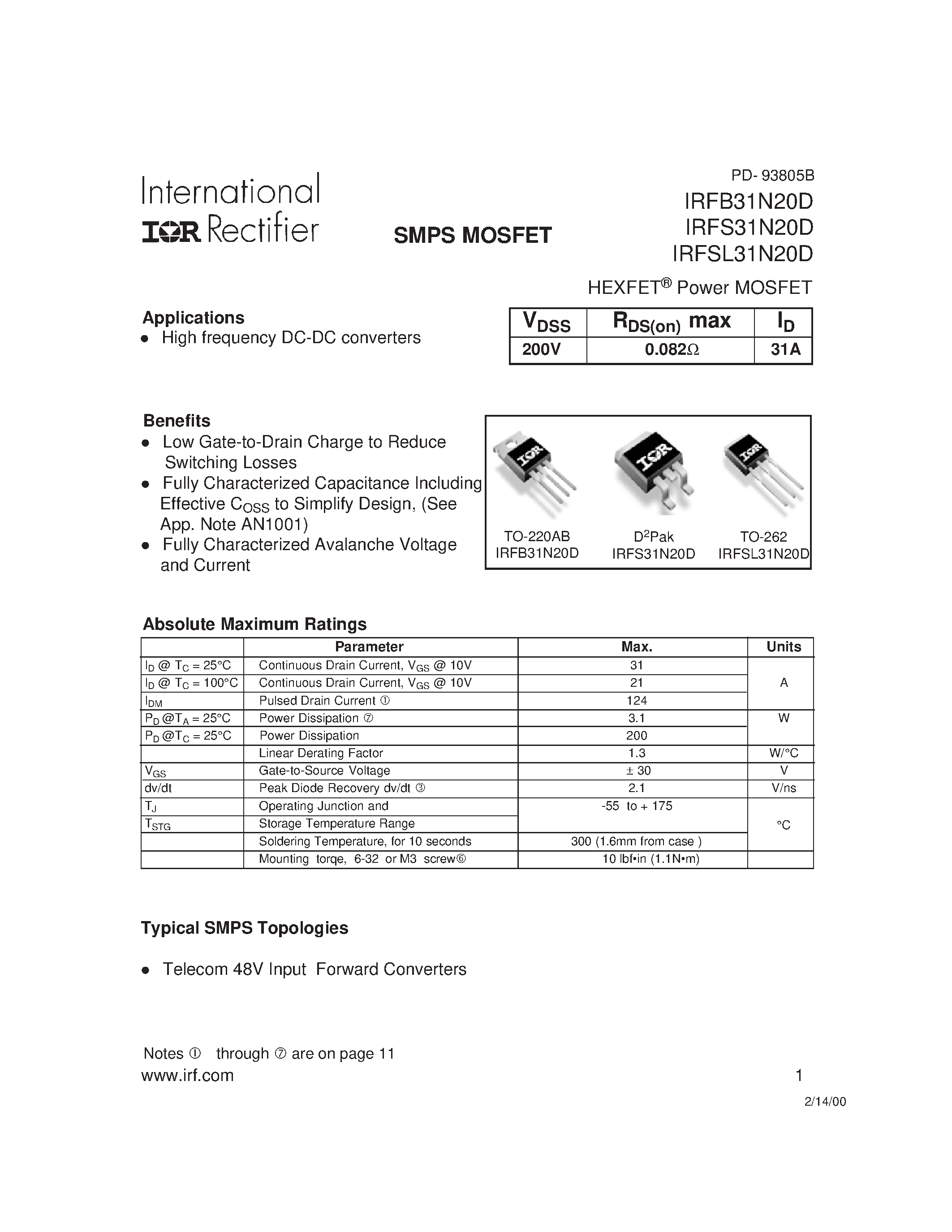Datasheet IRFS31N20D - Power MOSFET page 1