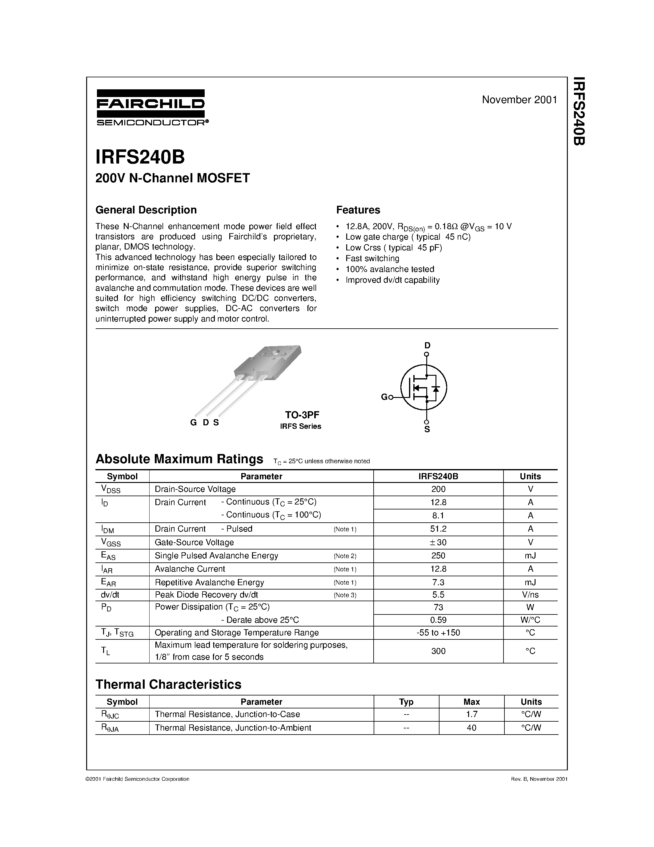 Datasheet IRFS240B - 200V N-Channel MOSFET page 1