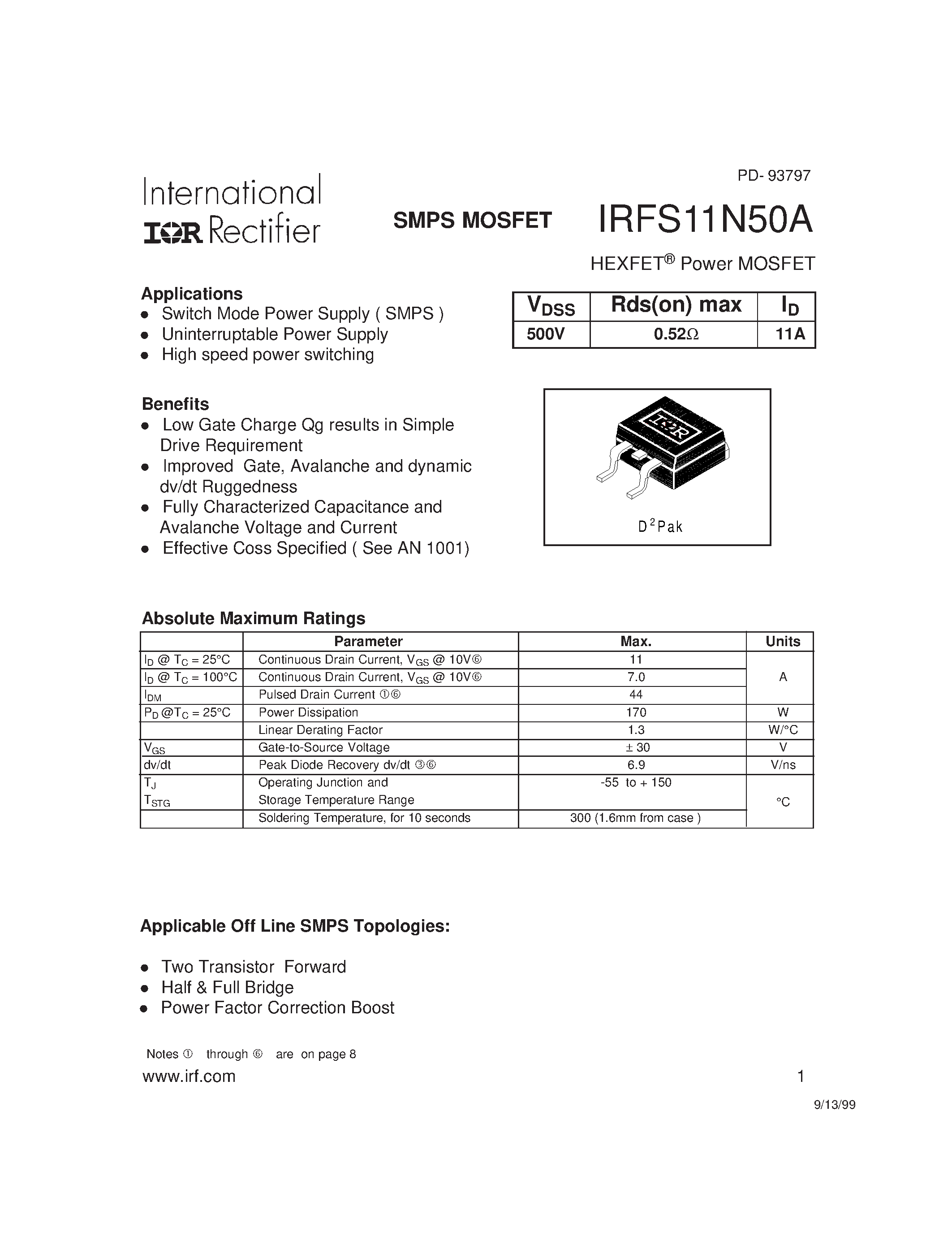 Datasheet IRFS11N50A - SMPS MOSFET page 1