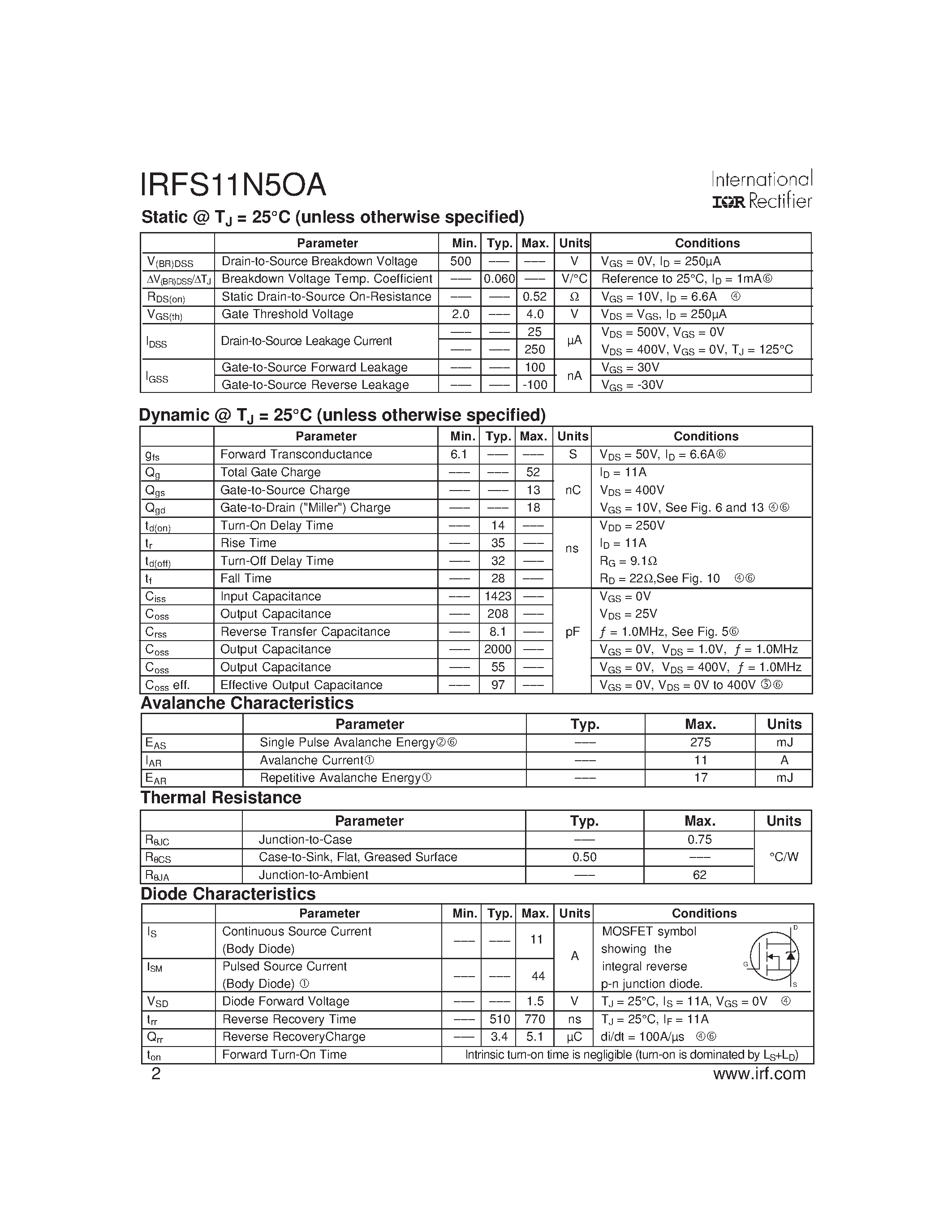 Datasheet IRFS11N50A - SMPS MOSFET page 2