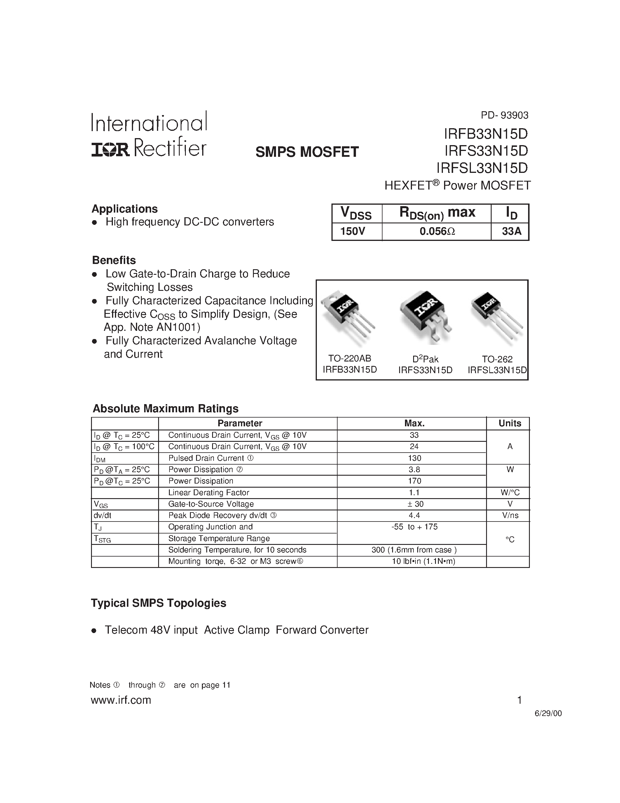 Datasheet IRFSL33N15D - Power MOSFET page 1