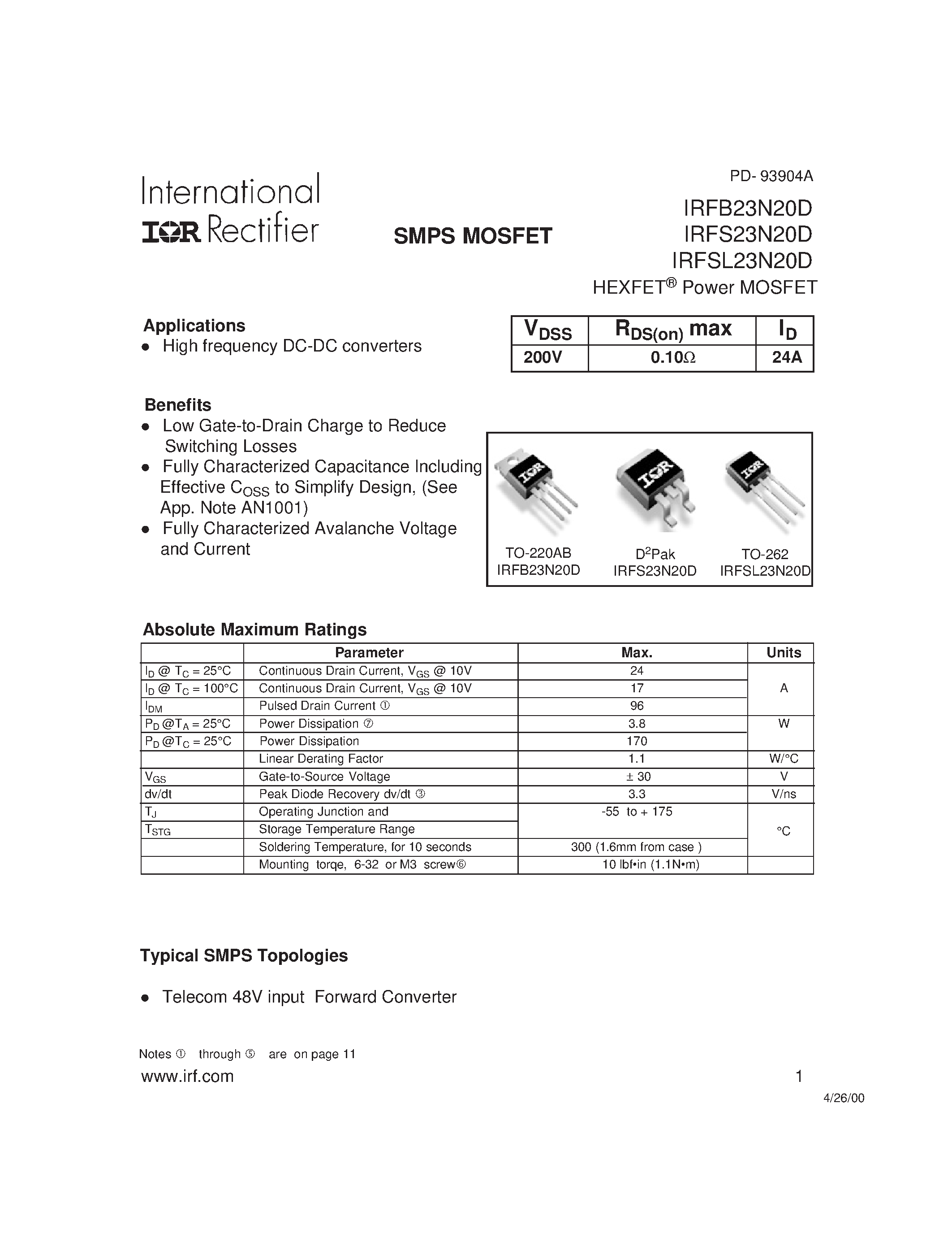 Datasheet IRFSL23N20D - Power MOSFET page 1