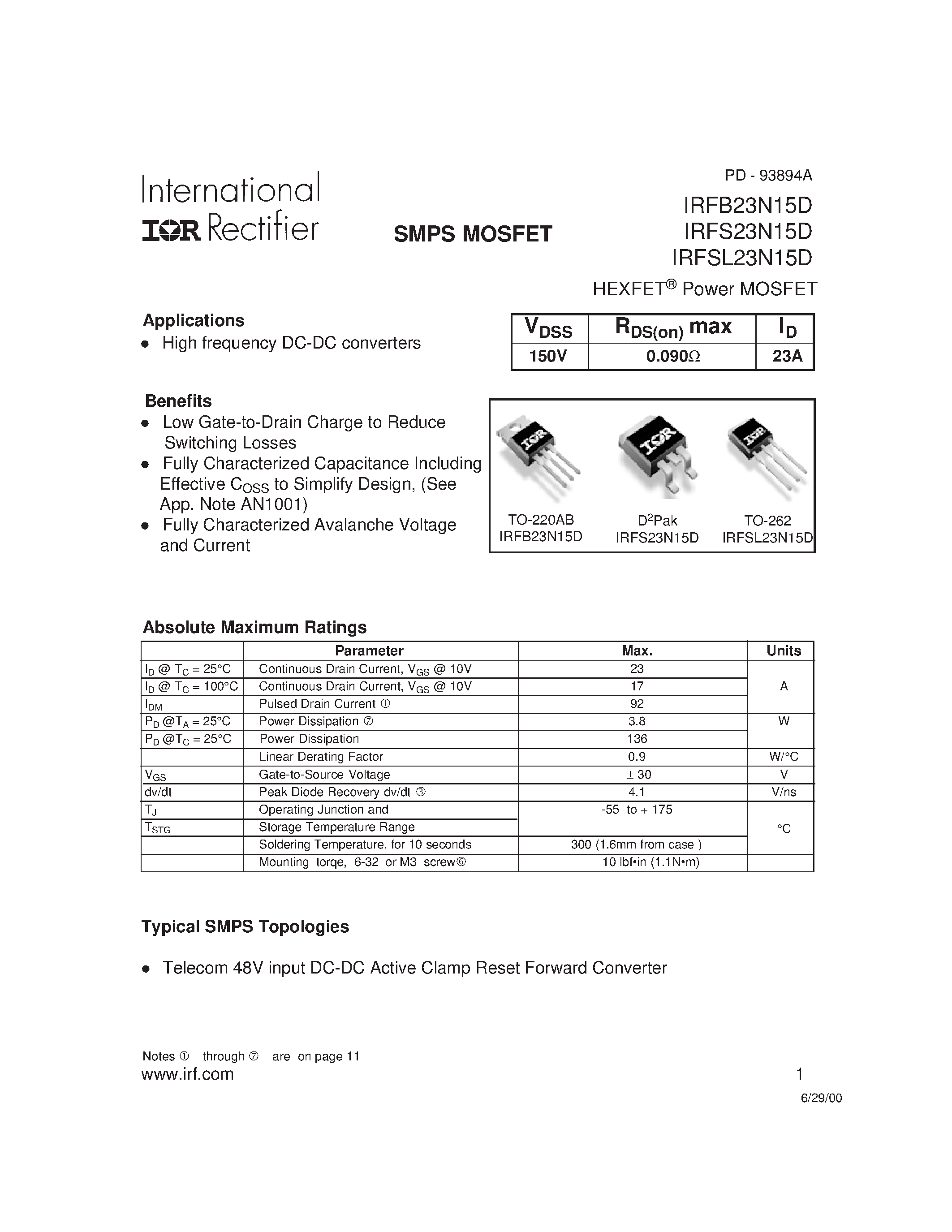 Datasheet IRFSL23N15D - Power MOSFET page 1