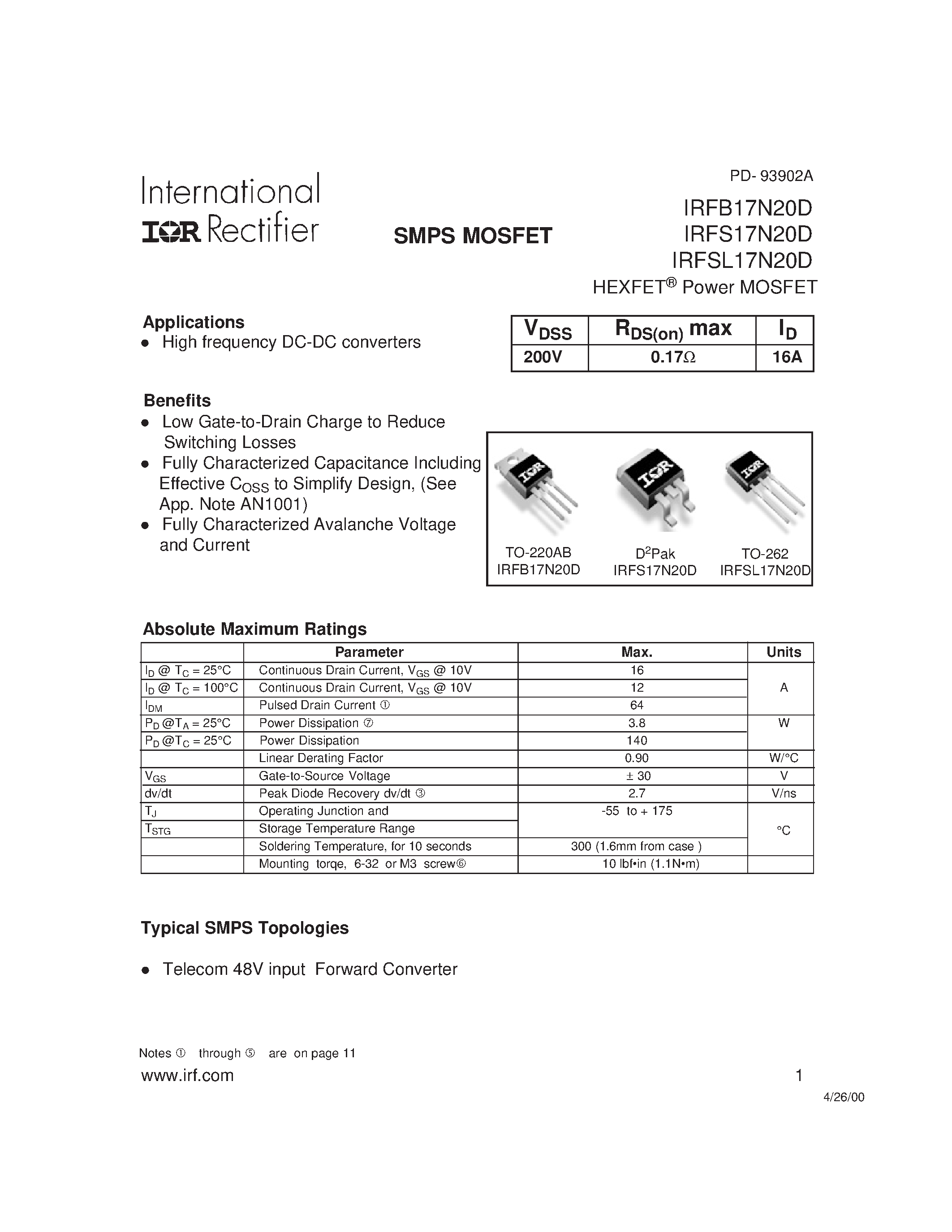 Datasheet IRFSL17N20D - Power MOSFET page 1