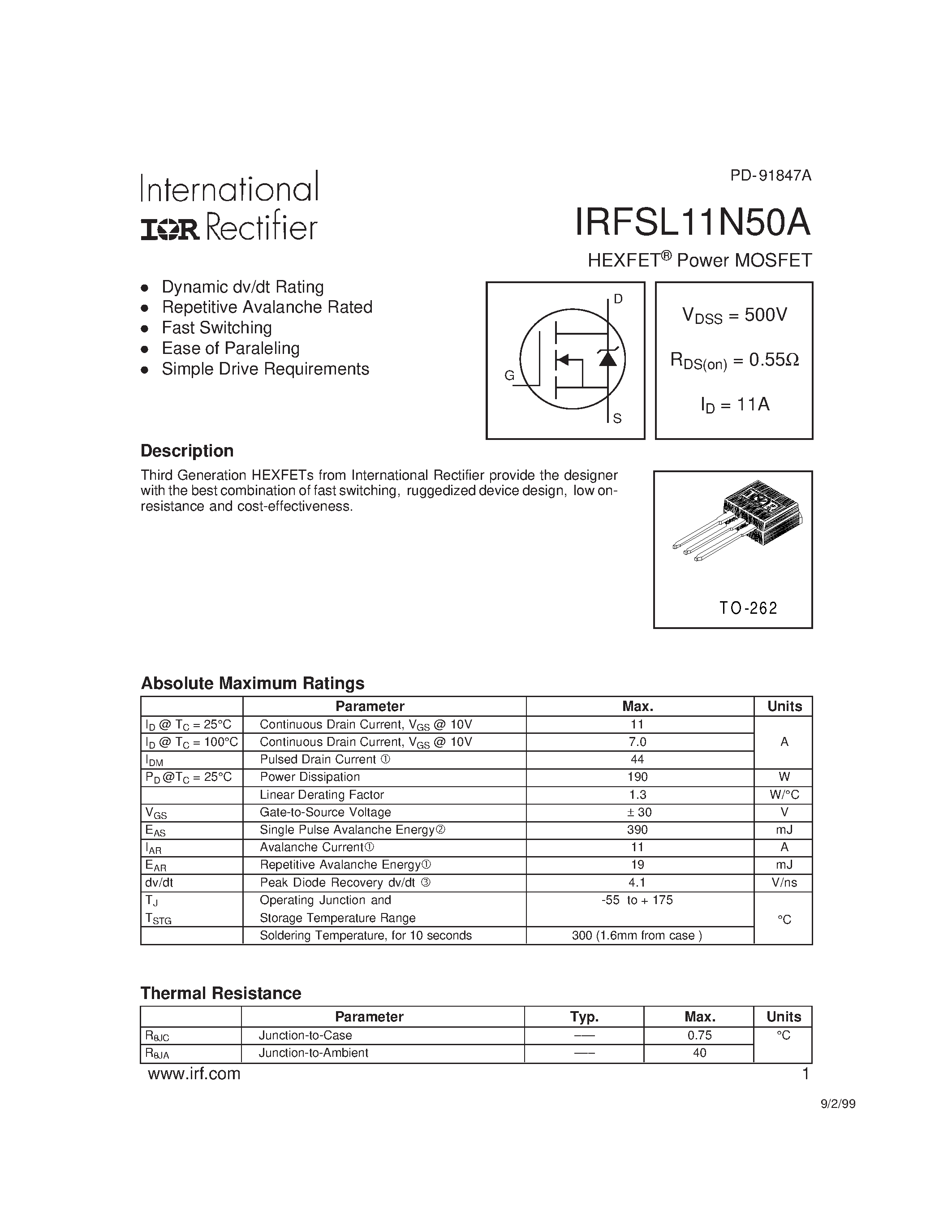 Datasheet IRFSL11N50A page 1 Datasheet IRFSL11N50A - HEXFET Power MOSFET page 1