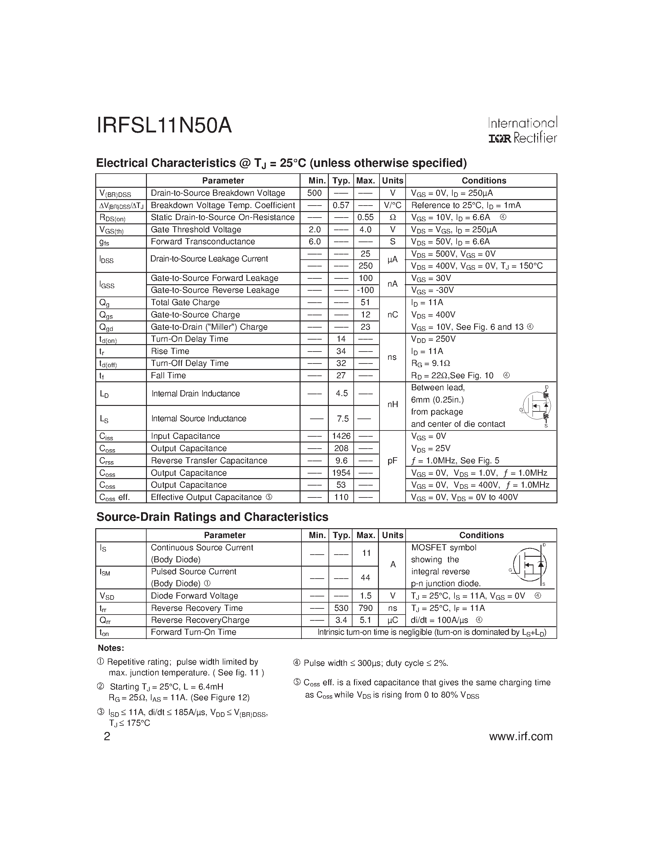 Datasheet IRFSL11N50A page 2 Datasheet IRFSL11N50A - HEXFET Power MOSFET page 2